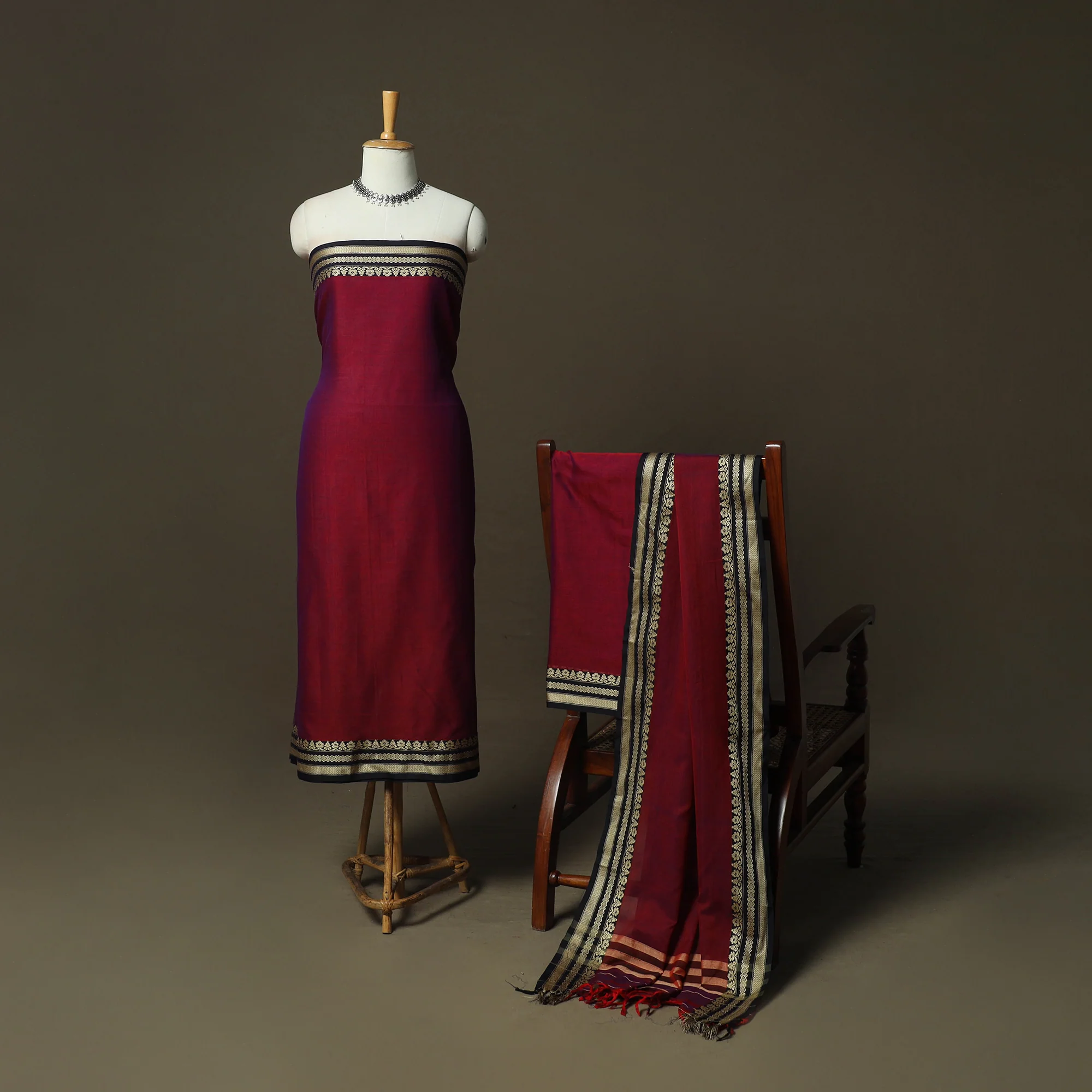 Maroon - Dharwad Woven Mercerised Cotton 3pc Unstitched Dress Material Suit Set 32 - Image 2