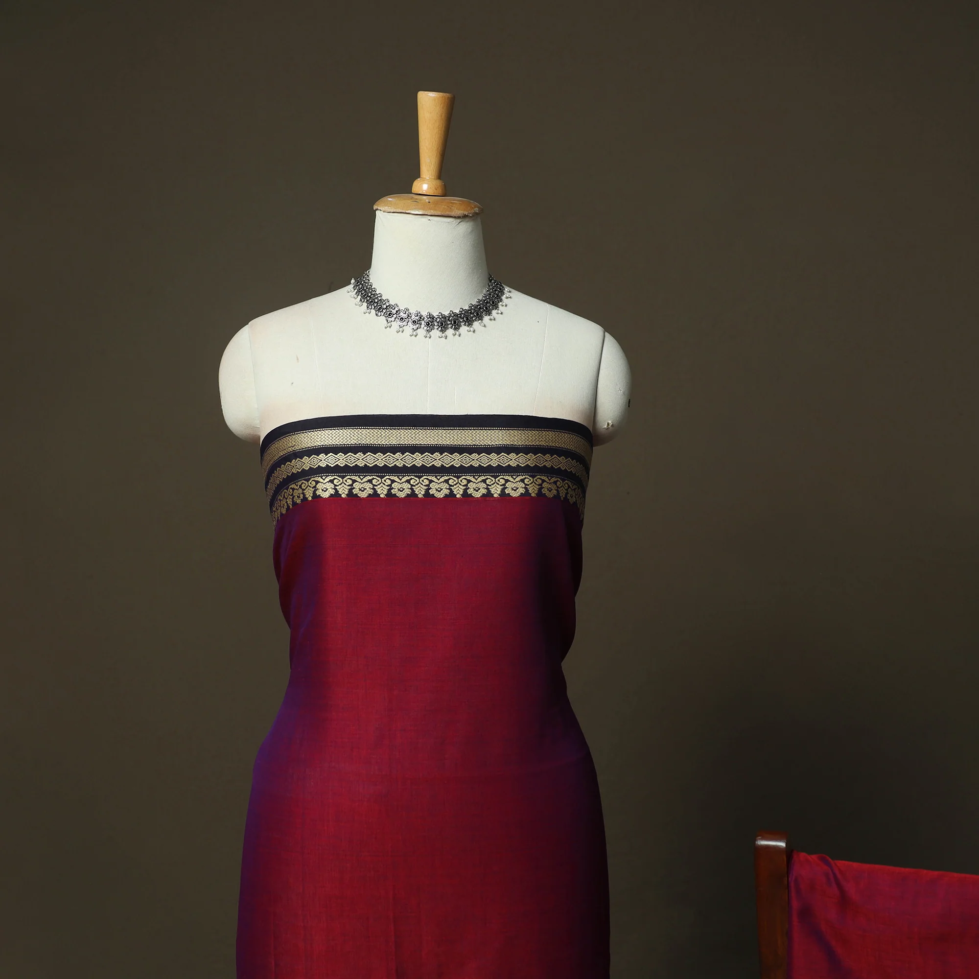 Maroon - Dharwad Woven Mercerised Cotton 3pc Unstitched Dress Material Suit Set 32 - Image 3