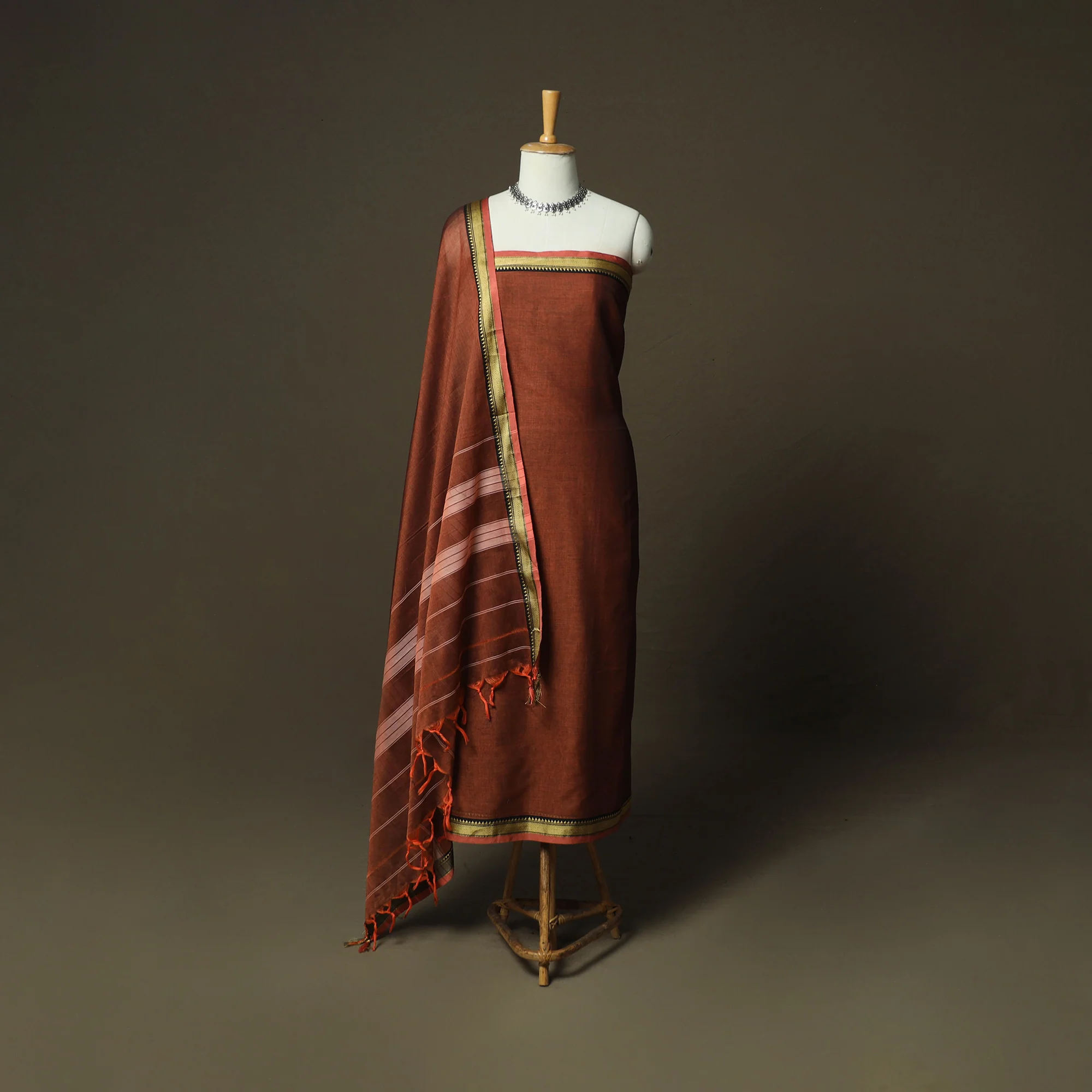 Brown - Dharwad Woven Mercerised Cotton 3pc Unstitched Dress Material Suit Set 33
