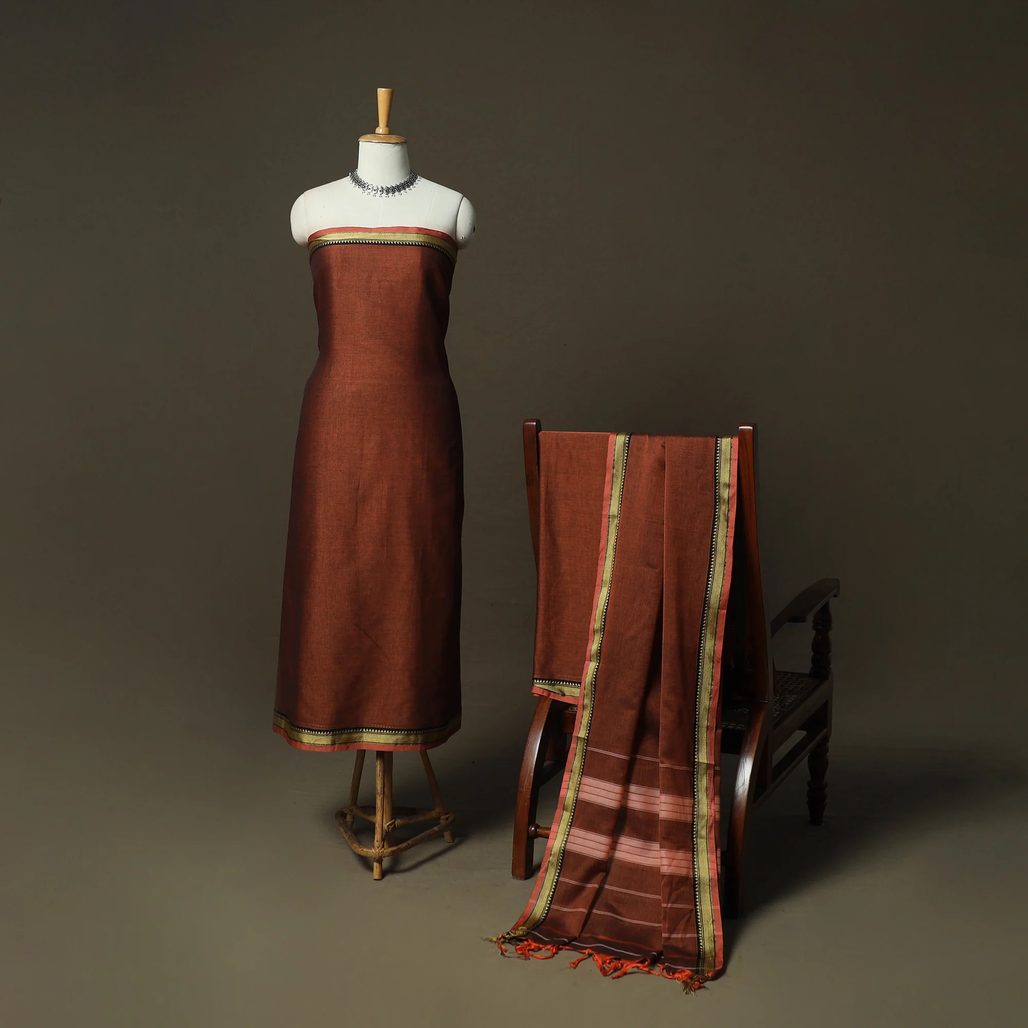 Brown - Dharwad Woven Mercerised Cotton 3pc Unstitched Dress Material Suit Set 33 - Image 2