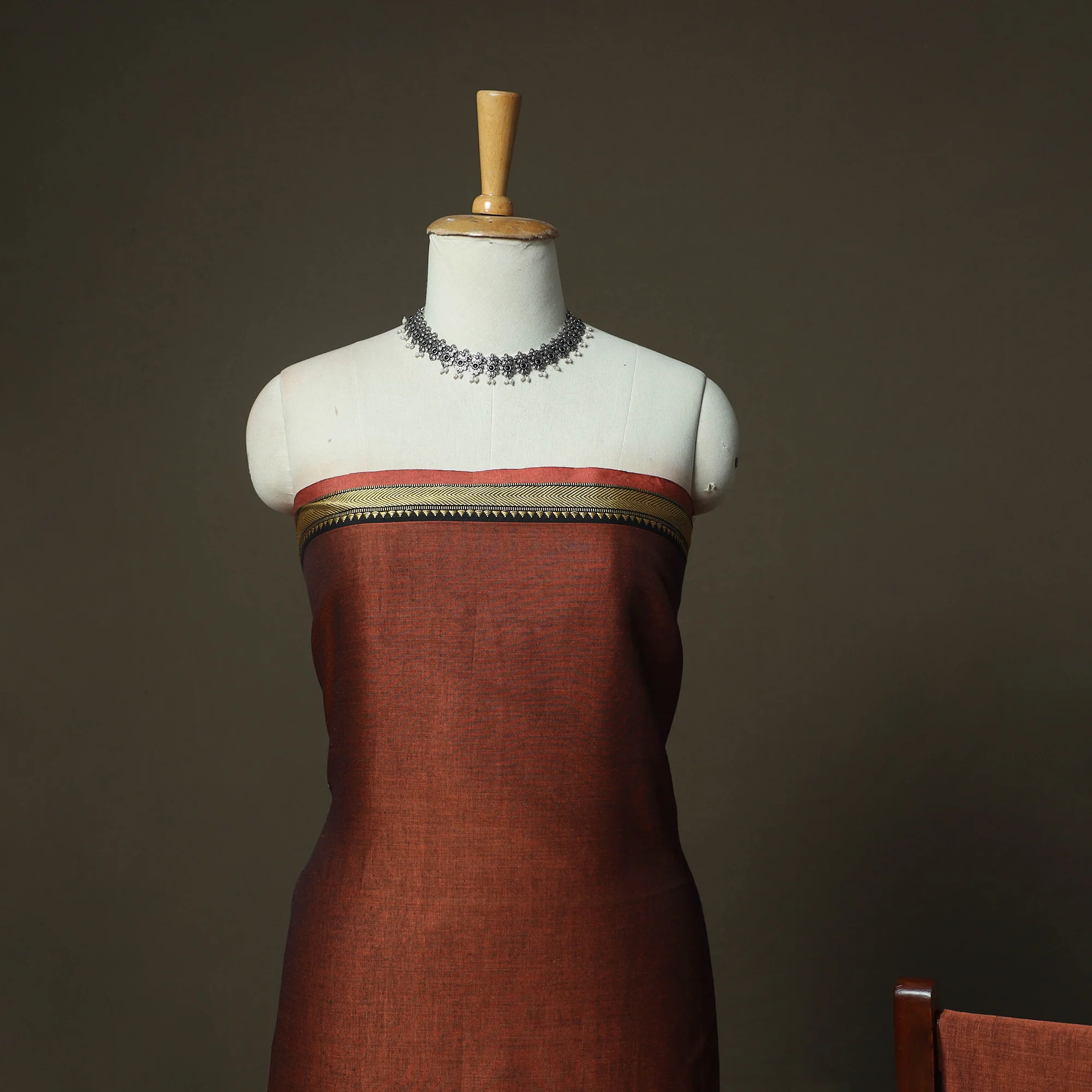 Brown - Dharwad Woven Mercerised Cotton 3pc Unstitched Dress Material Suit Set 33 - Image 3