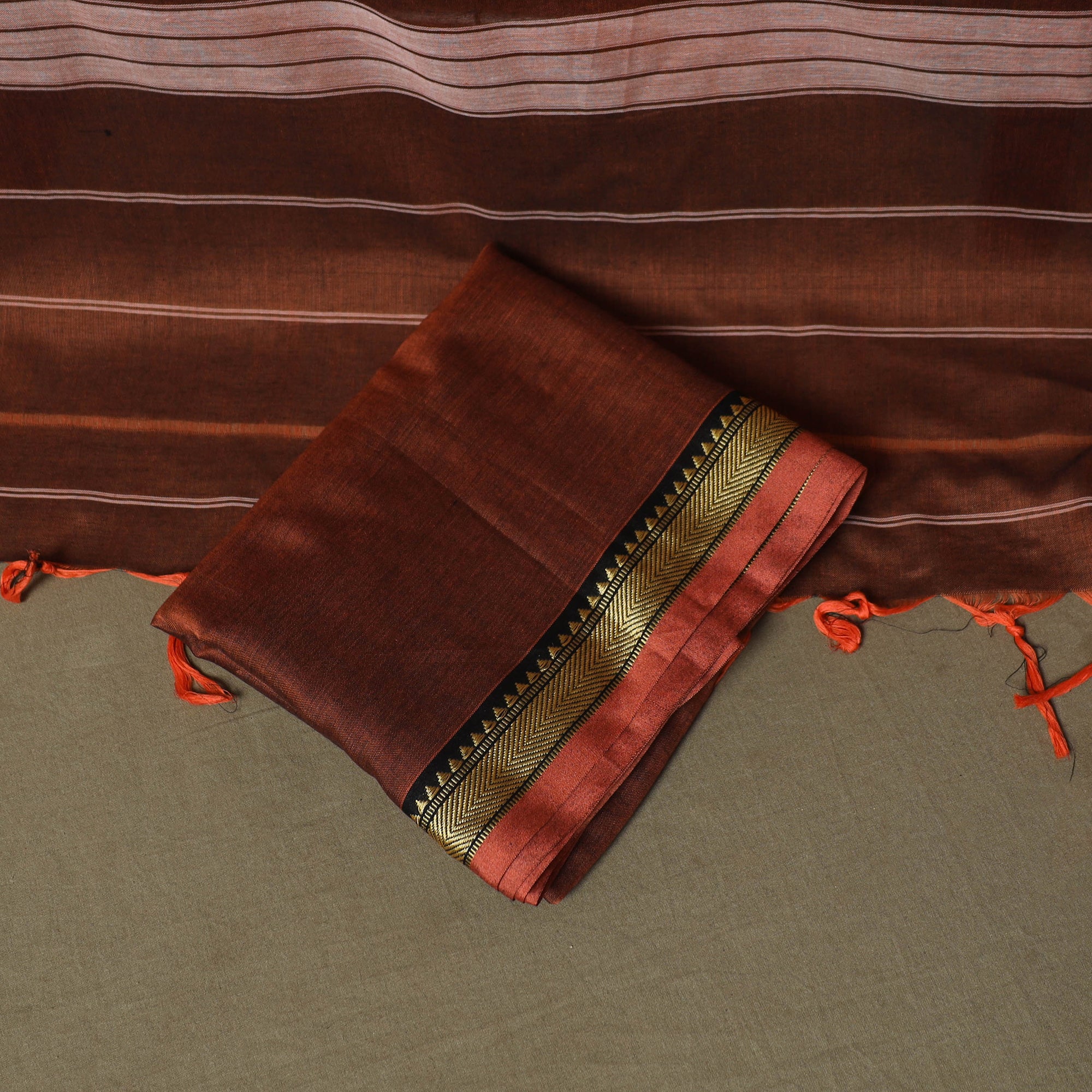 Brown - Dharwad Woven Mercerised Cotton 3pc Unstitched Dress Material Suit Set 33 - Image 5