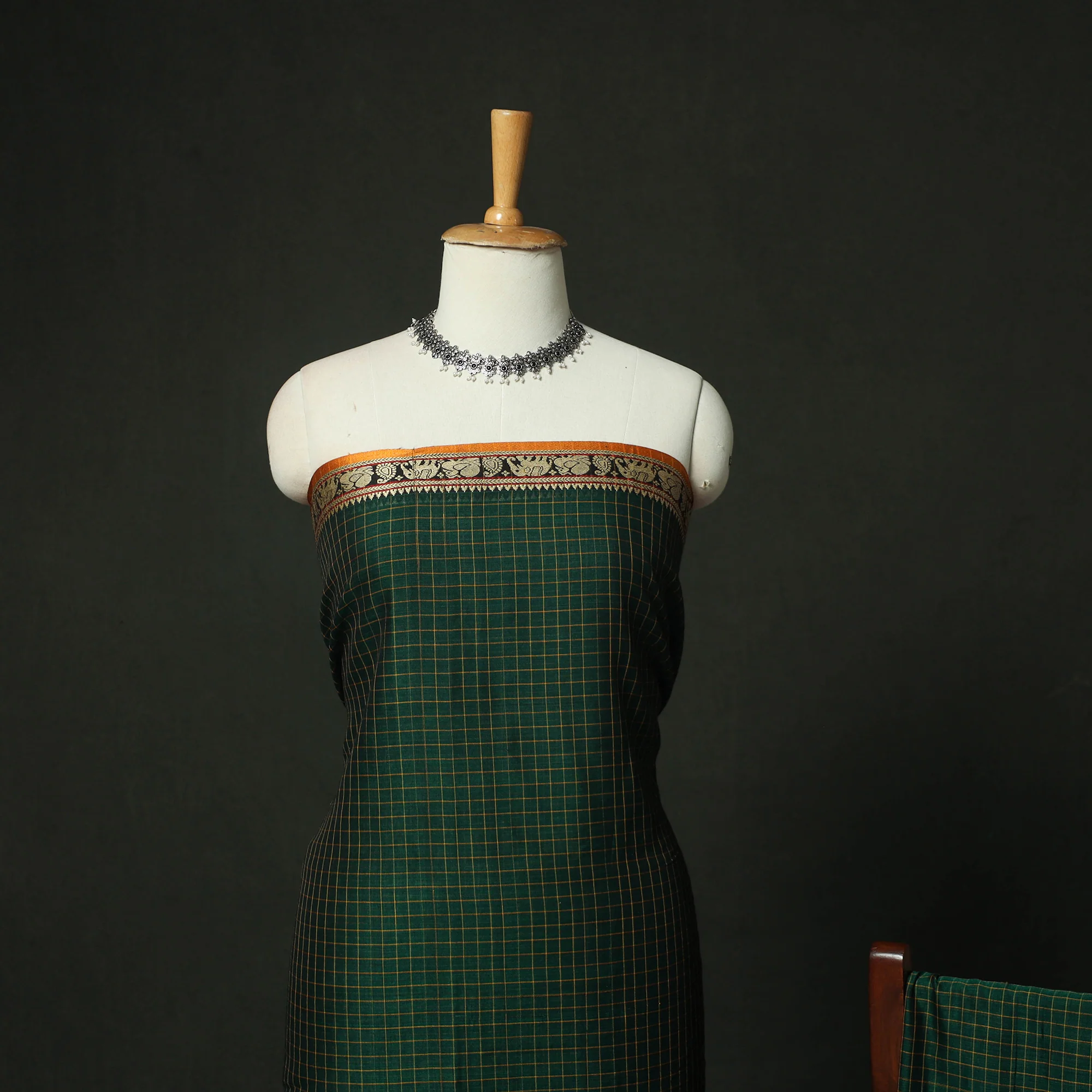 Green - Dharwad Woven Mercerised Cotton 3pc Unstitched Dress Material Suit Set 34 - Image 3