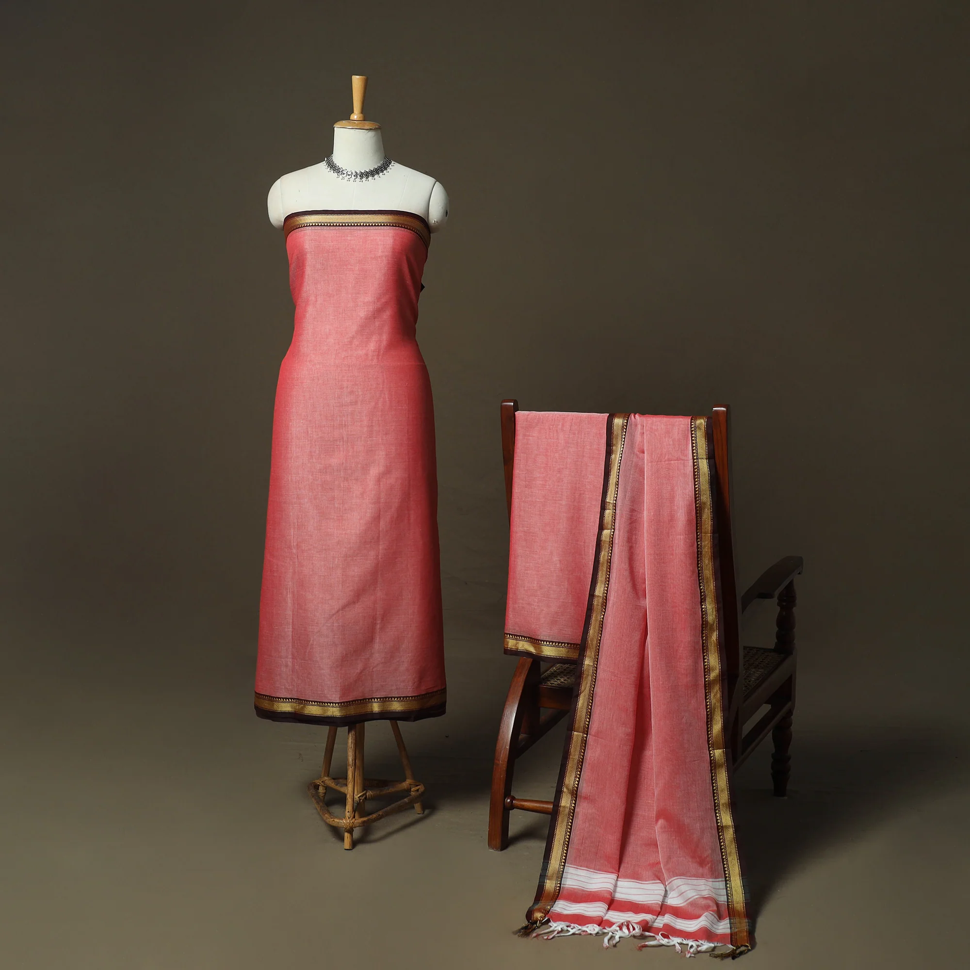 Pink - Dharwad Woven Mercerised Cotton 3pc Unstitched Dress Material Suit Set 34 - Image 2