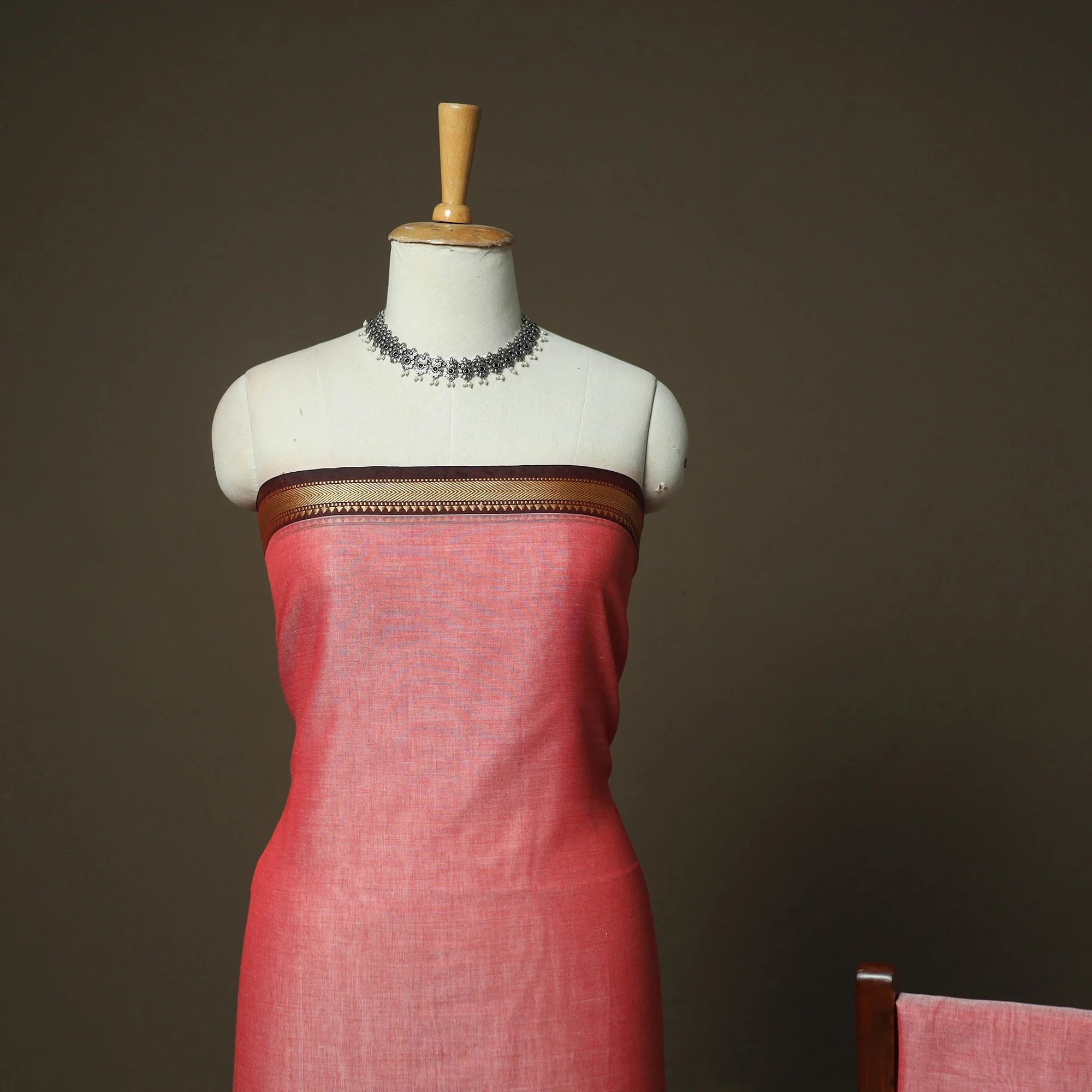 Pink - Dharwad Woven Mercerised Cotton 3pc Unstitched Dress Material Suit Set 34 - Image 3