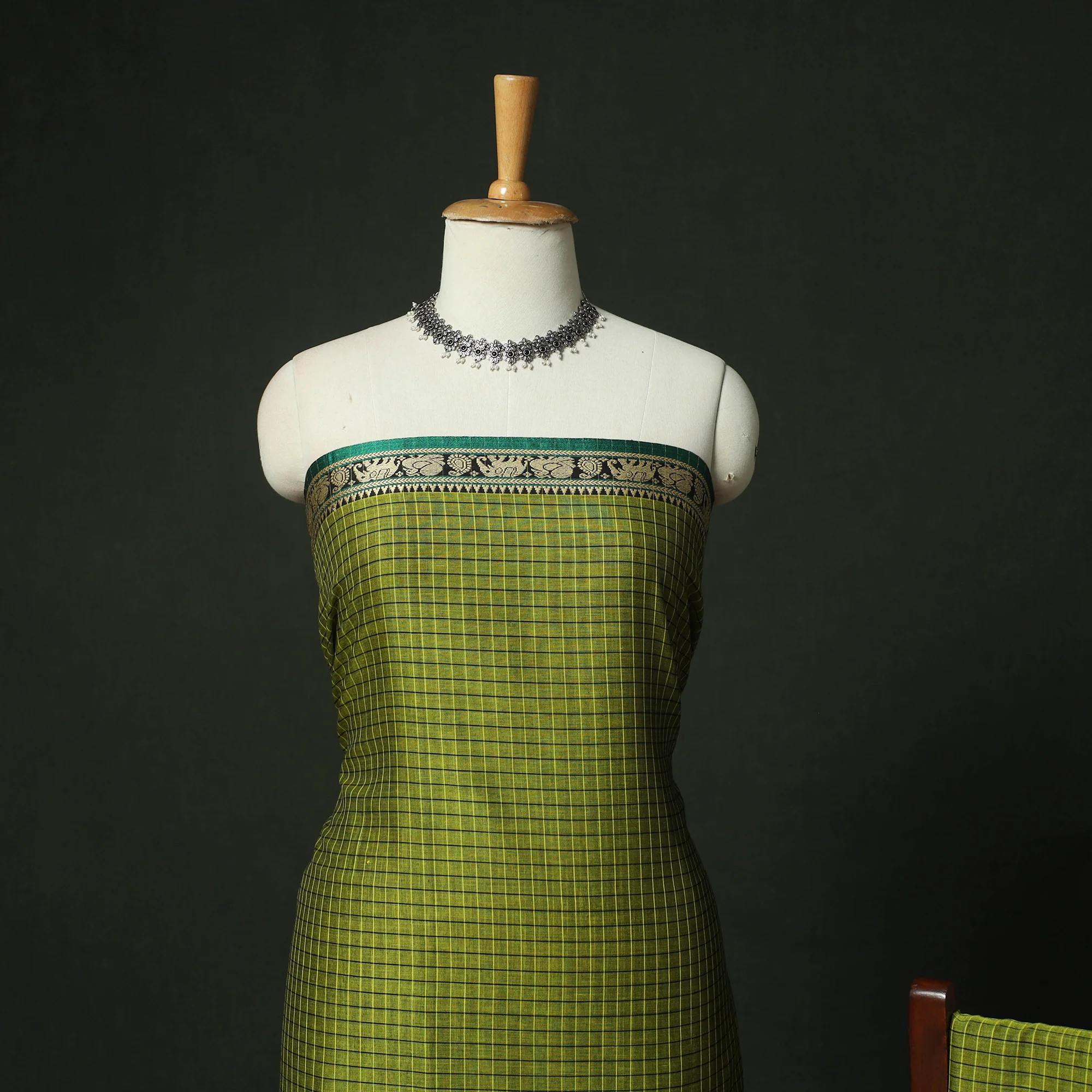 Green - Dharwad Woven Mercerised Cotton 3pc Unstitched Dress Material Suit Set 35 - Image 3