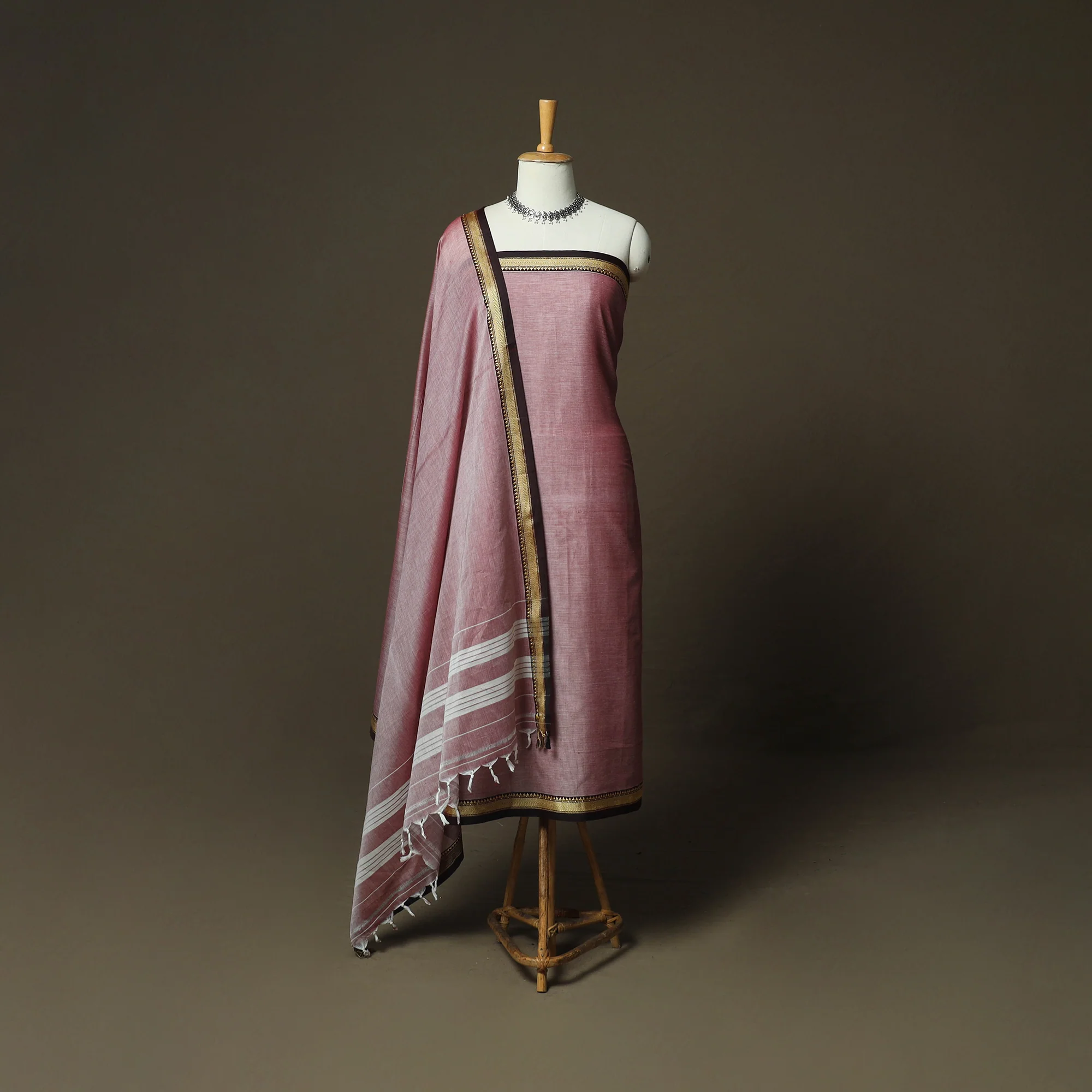 Pink - Dharwad Woven Mercerised Cotton 3pc Unstitched Dress Material Suit Set 35