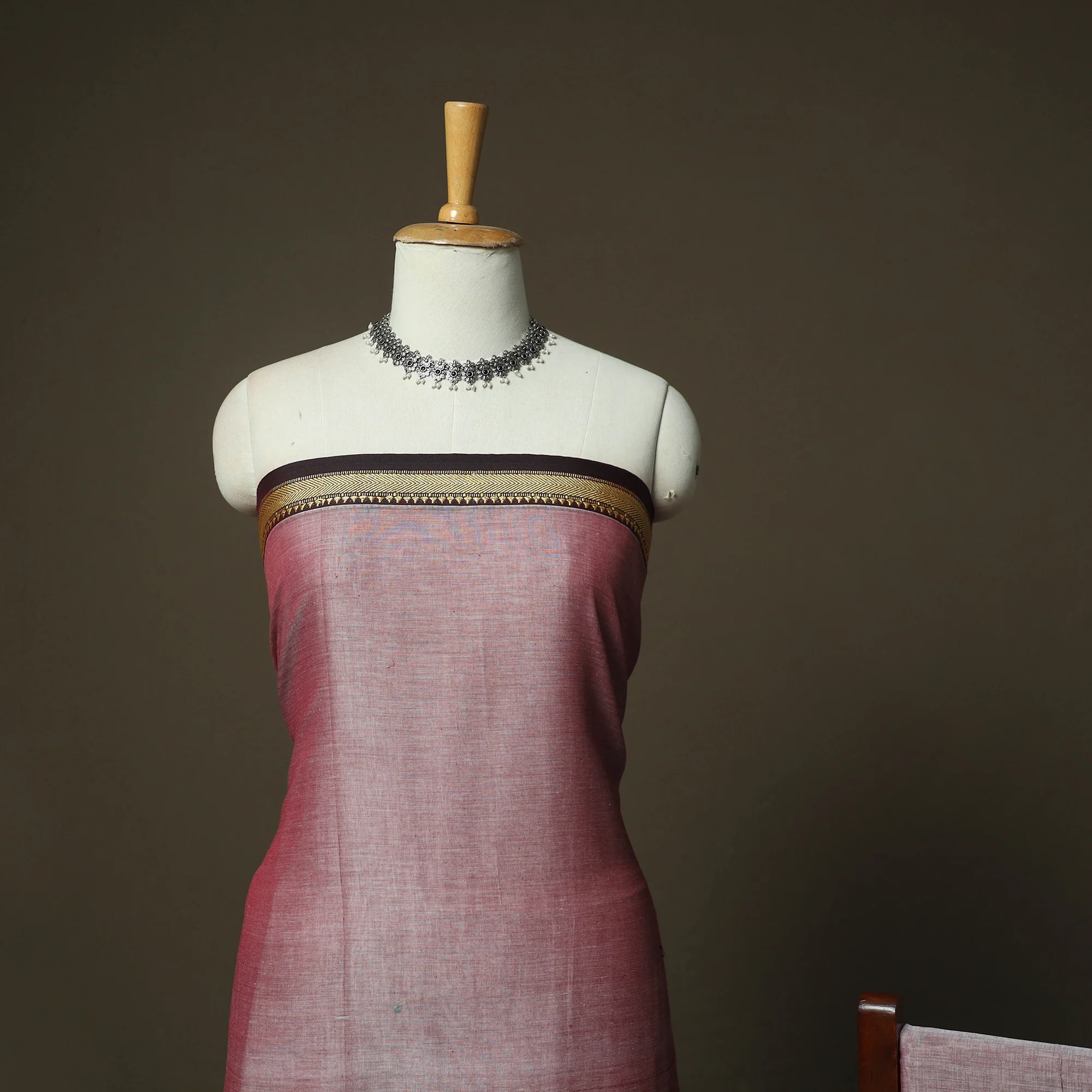 Pink - Dharwad Woven Mercerised Cotton 3pc Unstitched Dress Material Suit Set 35 - Image 3