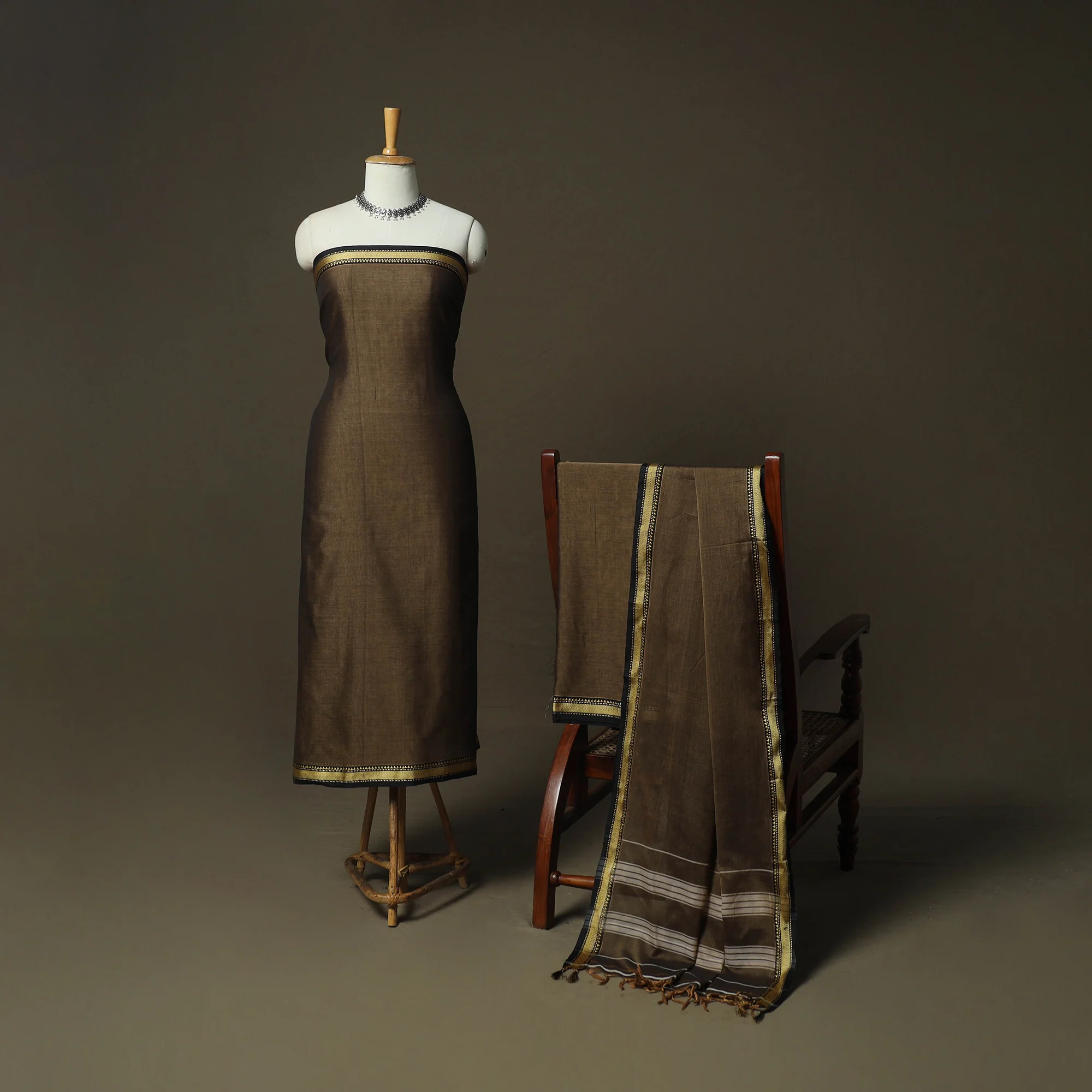 Brown - Dharwad Woven Mercerised Cotton 3pc Unstitched Dress Material Suit Set 37 - Image 2