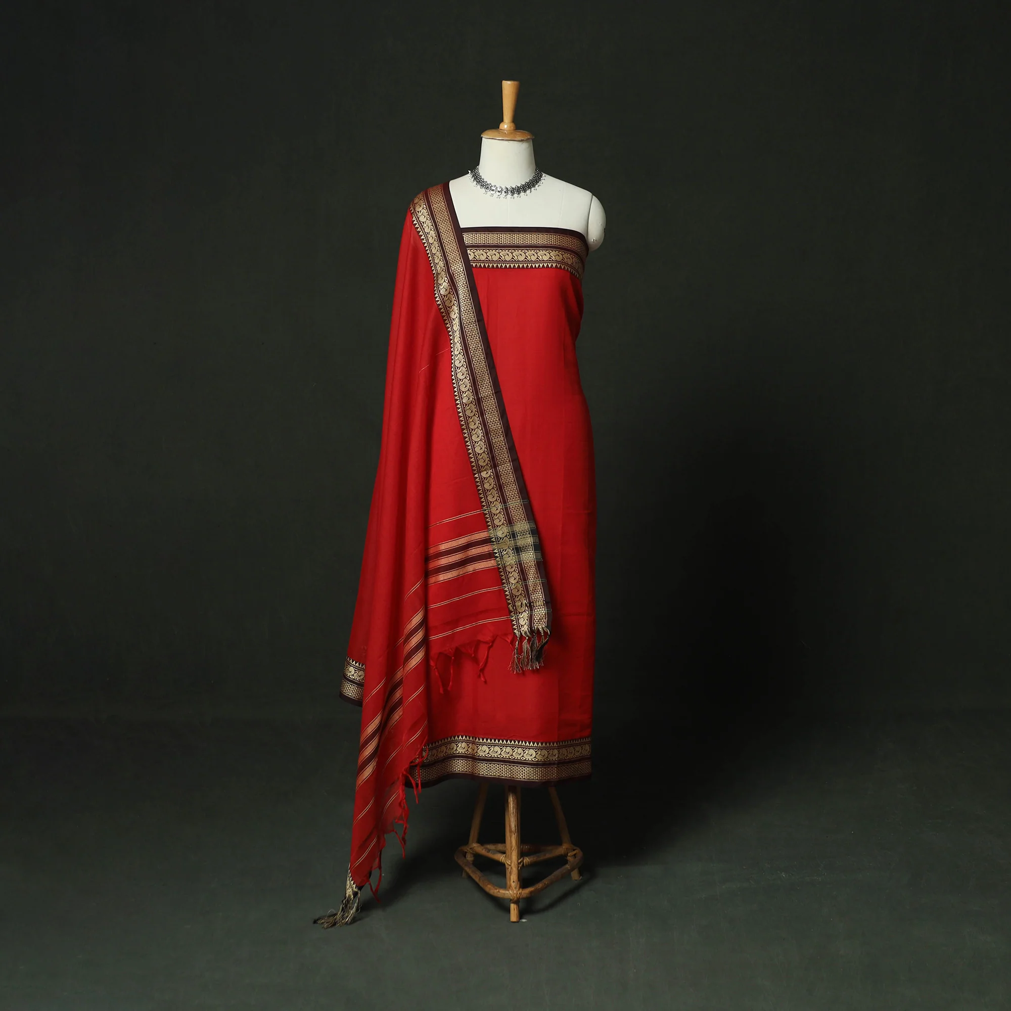 Red - Dharwad Woven Mercerised Cotton 3pc Unstitched Dress Material Suit Set 39