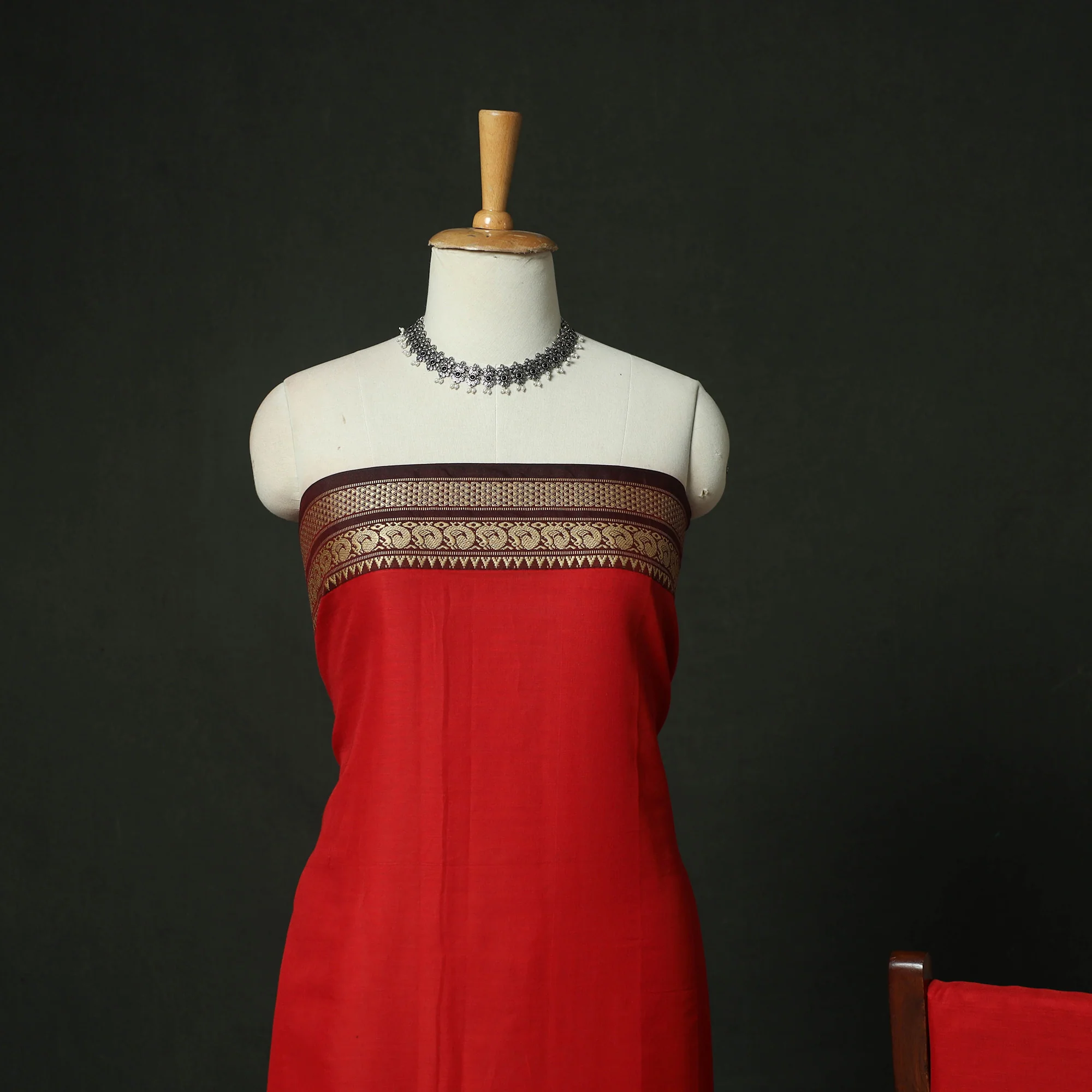 Red - Dharwad Woven Mercerised Cotton 3pc Unstitched Dress Material Suit Set 39 - Image 3