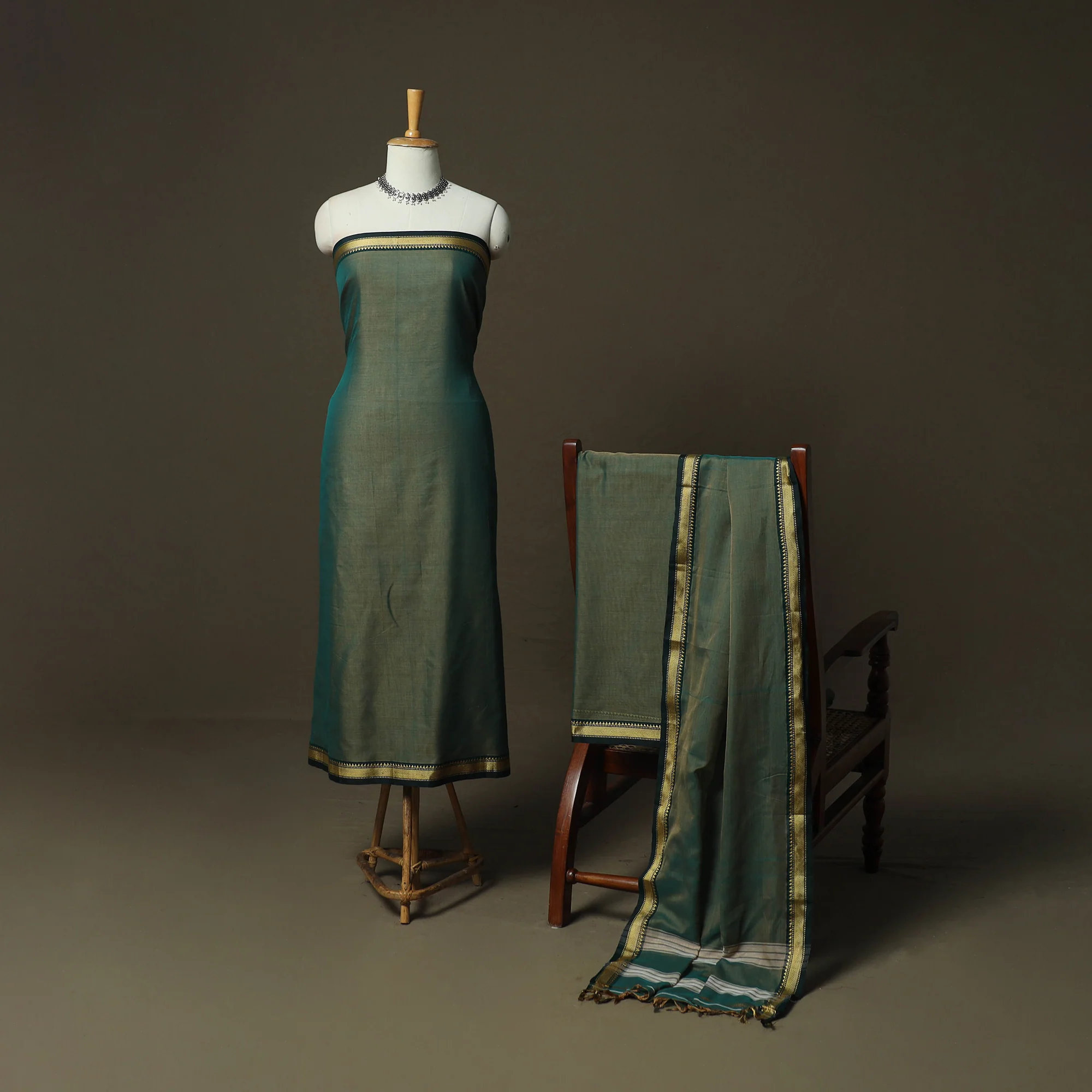 Green - Dharwad Woven Mercerised Cotton 3pc Unstitched Dress Material Suit Set 39 - Image 2