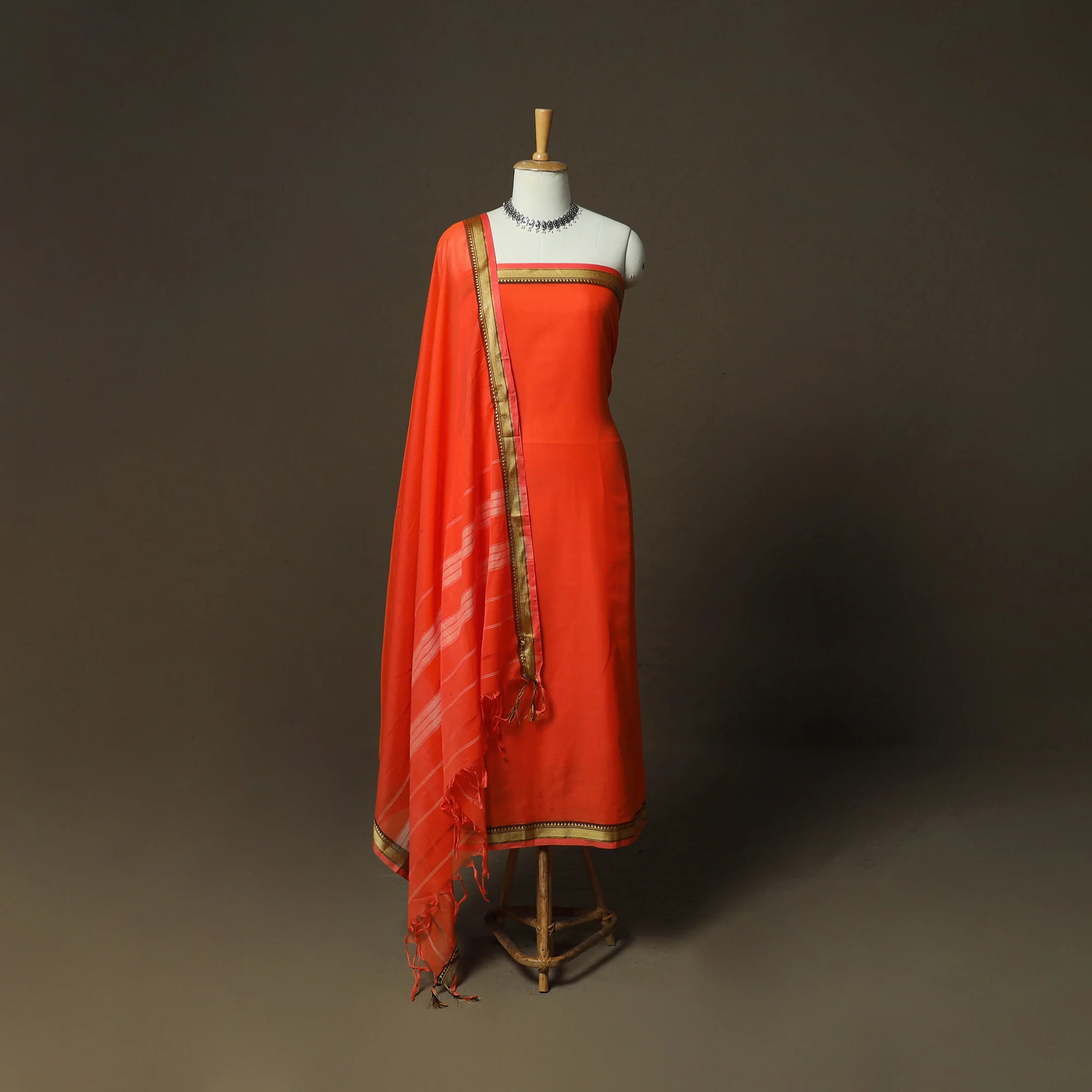 Orange - Dharwad Woven Mercerised Cotton 3pc Unstitched Dress Material Suit Set 40
