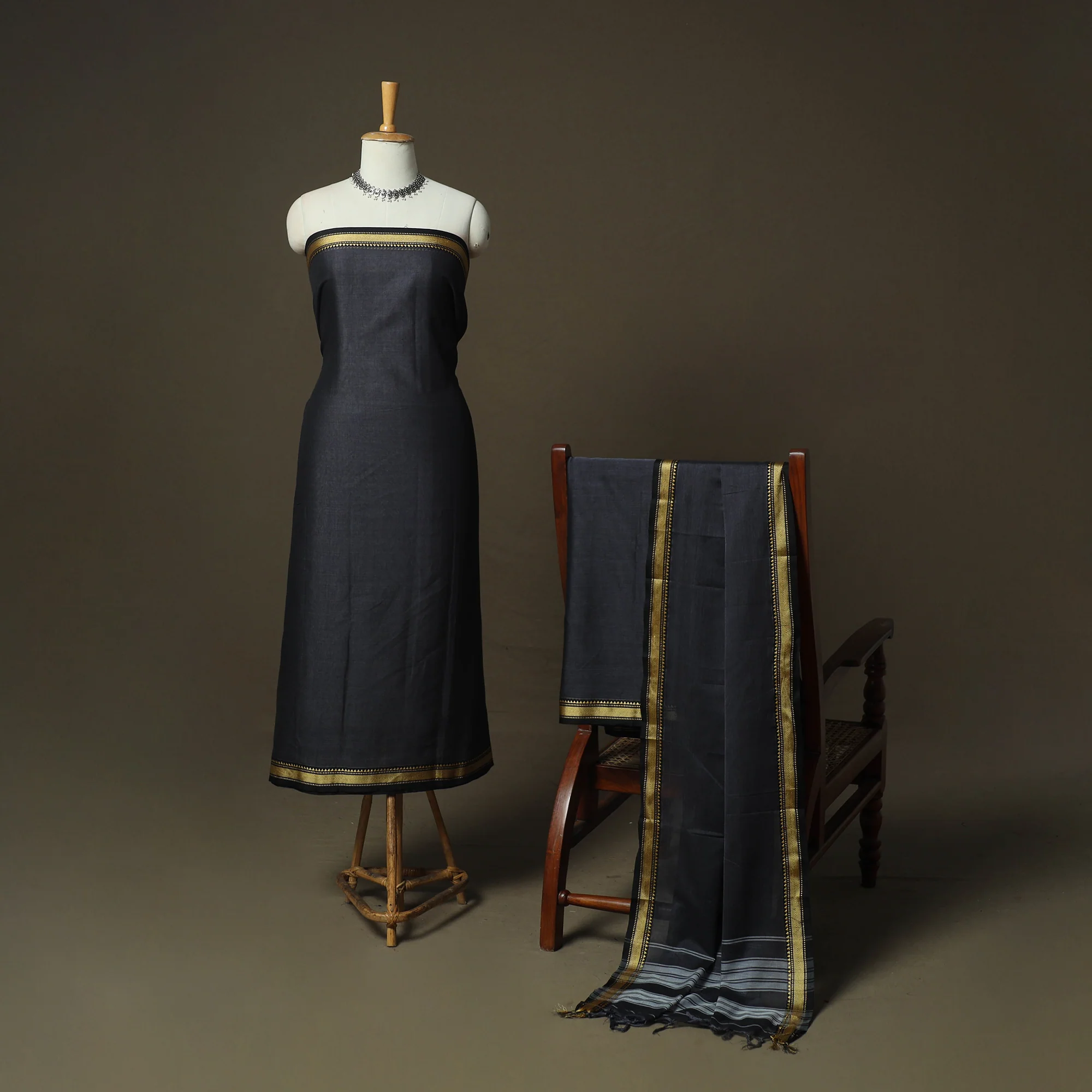 Black - Dharwad Woven Mercerised Cotton 3pc Unstitched Dress Material Suit Set 41 - Image 2