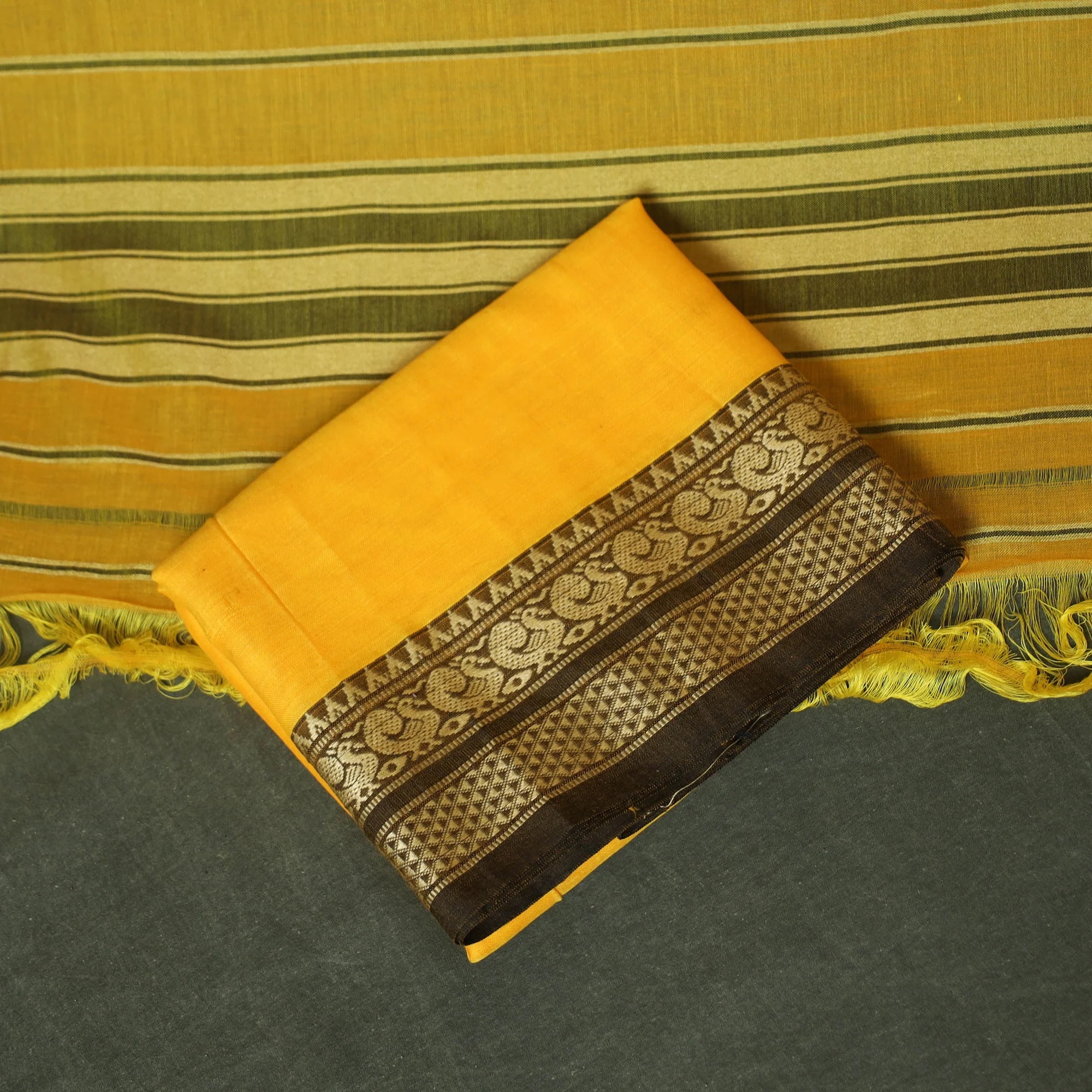 Yellow - Dharwad Woven Mercerised Cotton 3pc Unstitched Dress Material Suit Set 42 - Image 5