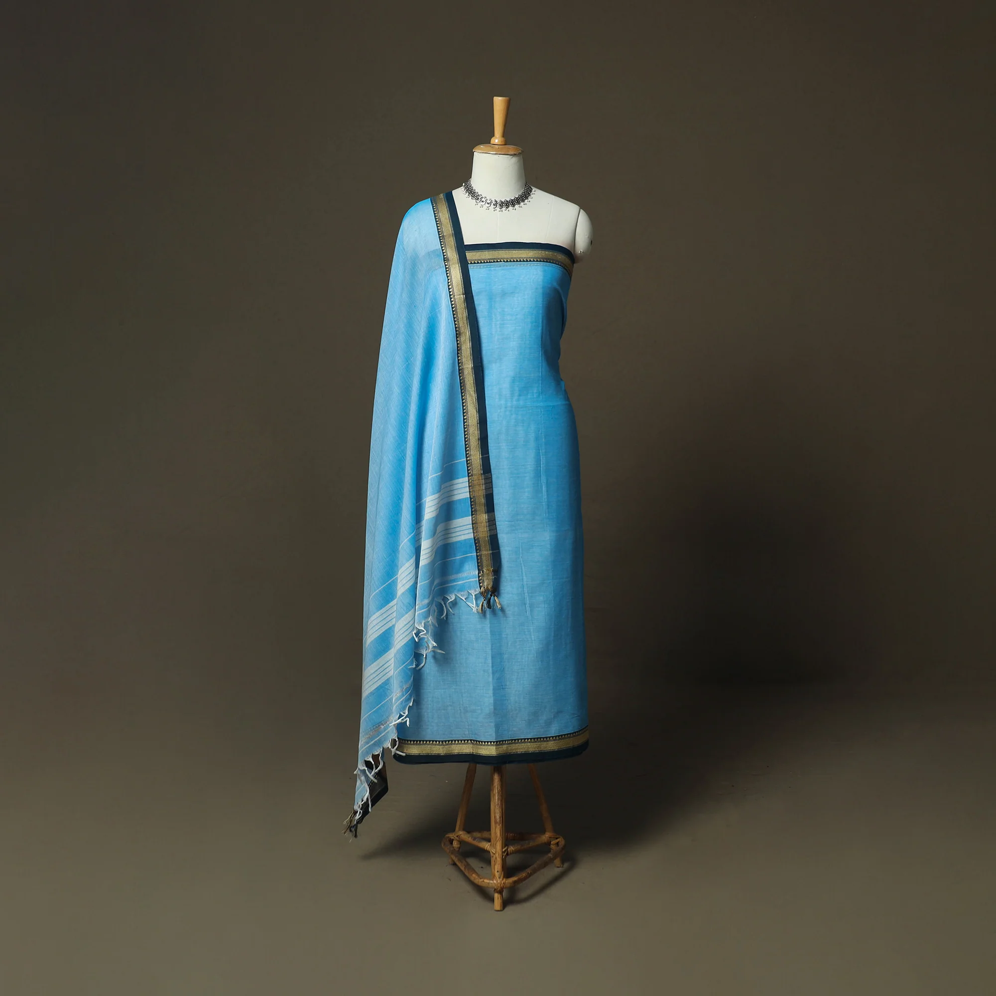 Blue - Dharwad Woven Mercerised Cotton 3pc Unstitched Dress Material Suit Set 44