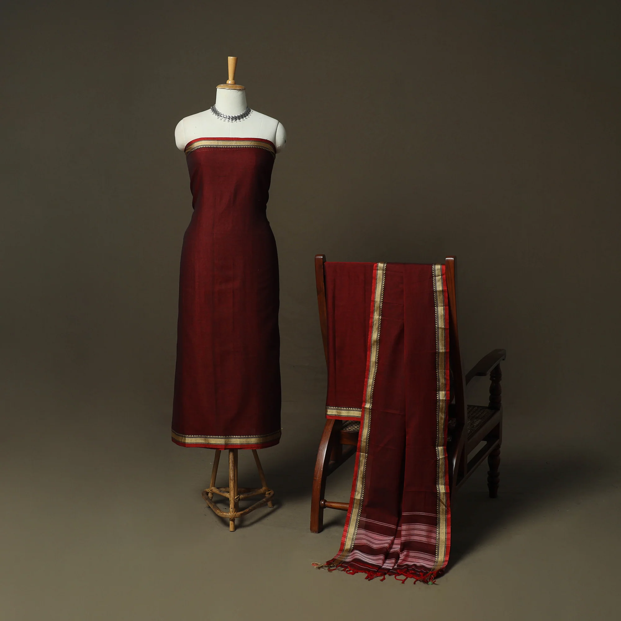 Maroon - Dharwad Woven Mercerised Cotton 3pc Unstitched Dress Material Suit Set 45 - Image 2