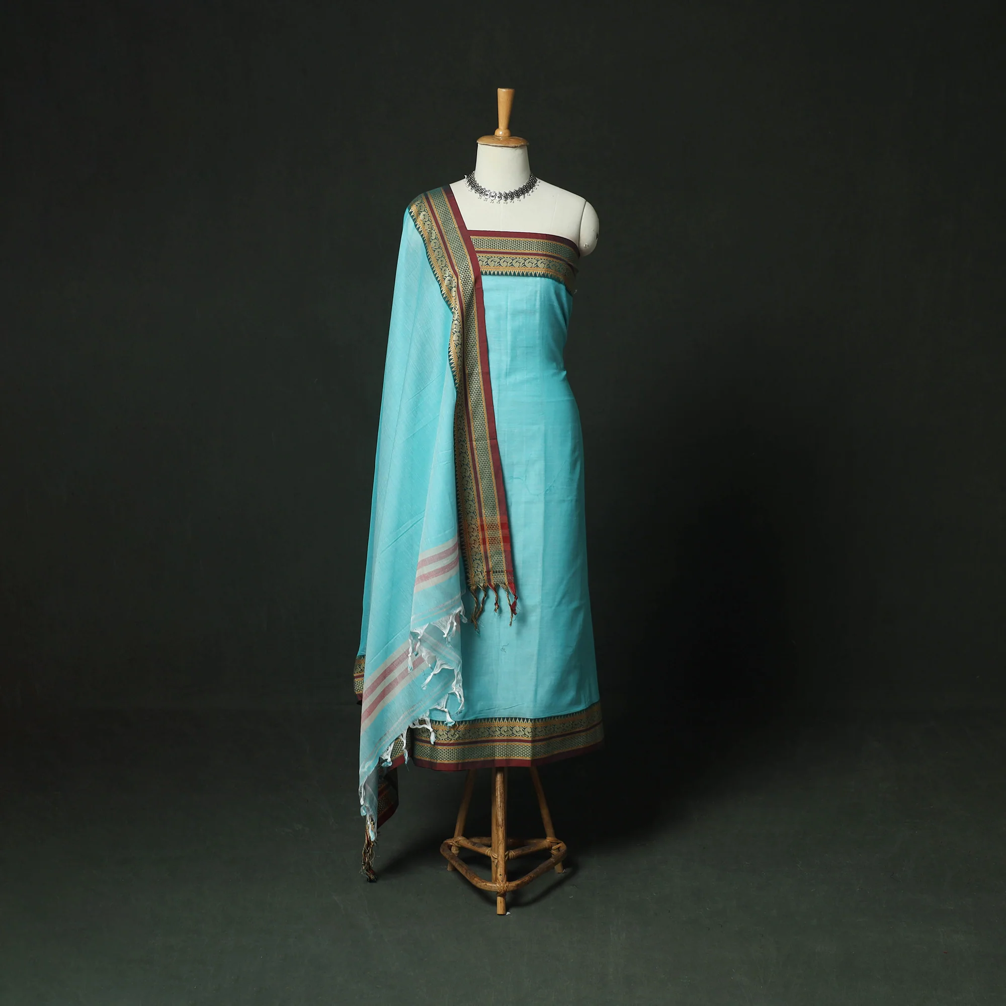 Blue - Dharwad Woven Mercerised Cotton 3pc Unstitched Dress Material Suit Set 47