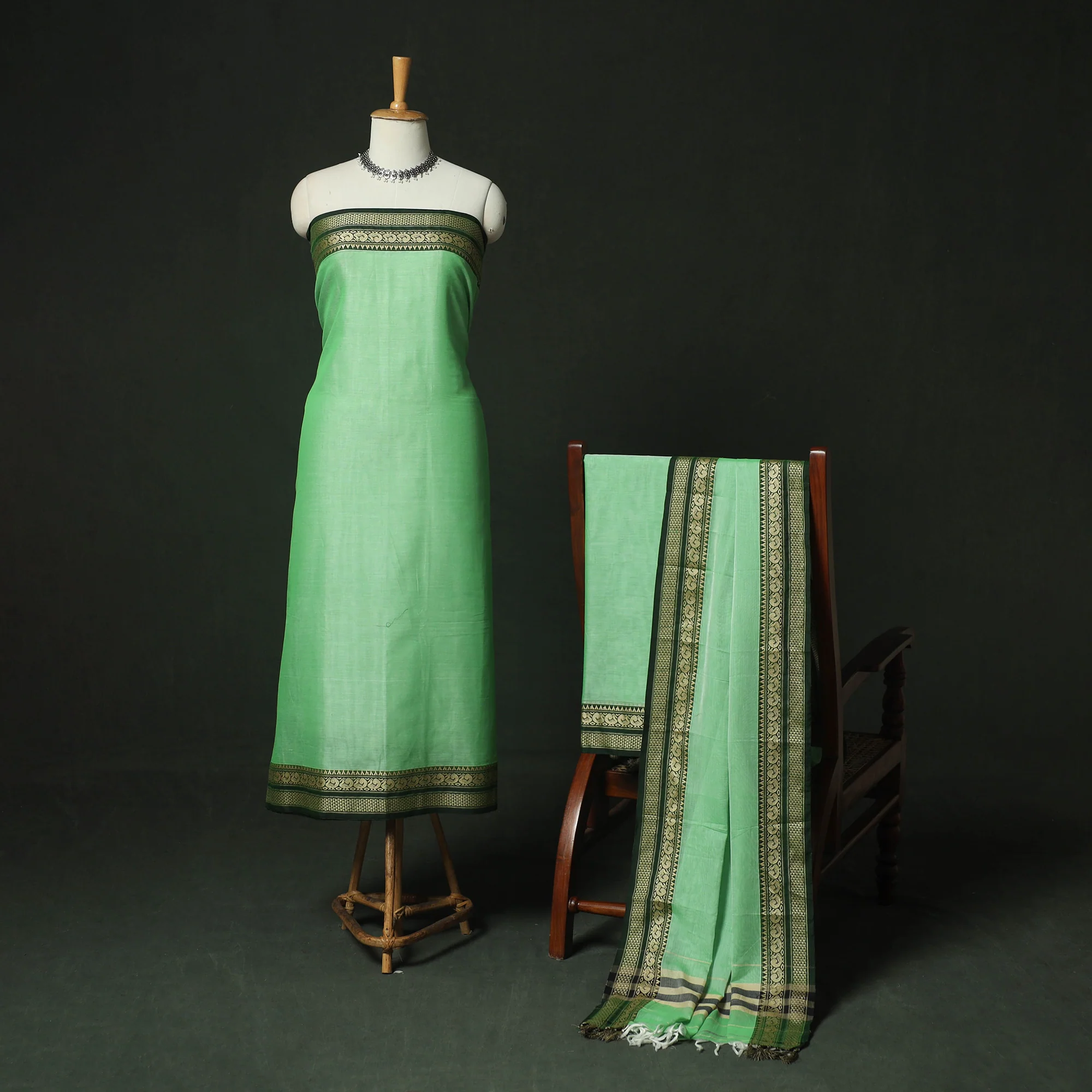 Green - Dharwad Woven Mercerised Cotton 3pc Unstitched Dress Material Suit Set 52 - Image 2
