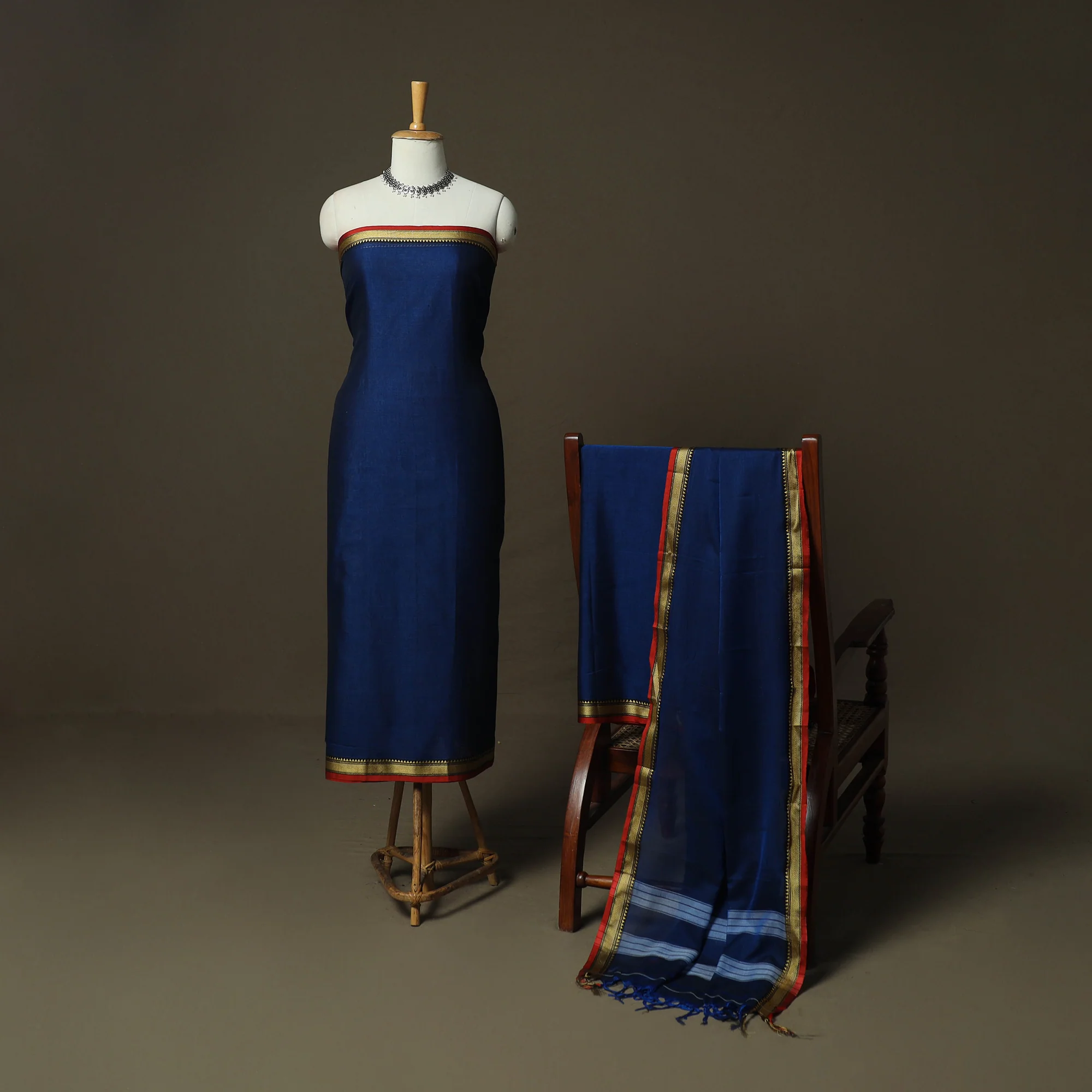 Blue - Dharwad Woven Mercerised Cotton 3pc Unstitched Dress Material Suit Set 54 - Image 2