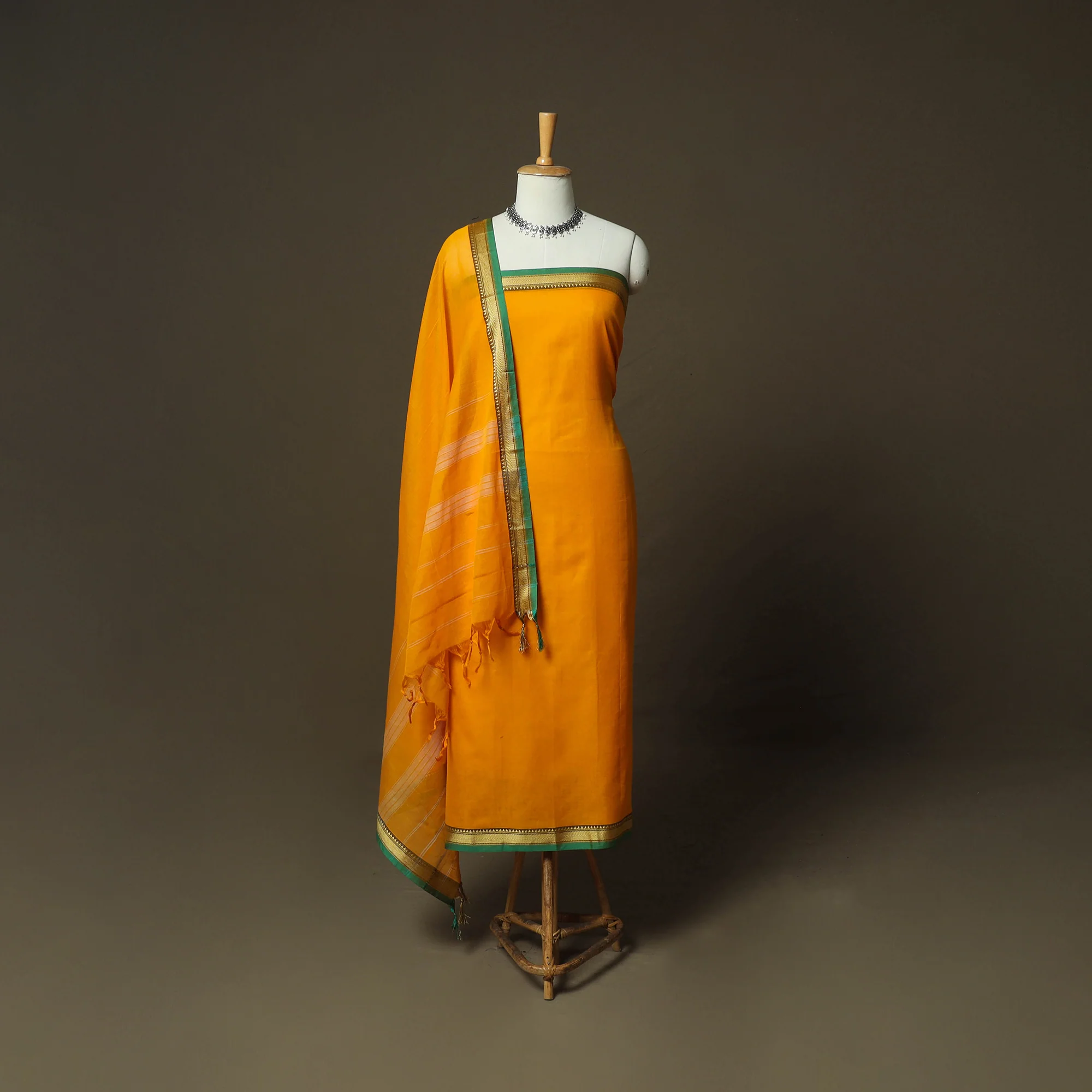 Orange - Dharwad Woven Mercerised Cotton 3pc Unstitched Dress Material Suit Set 56