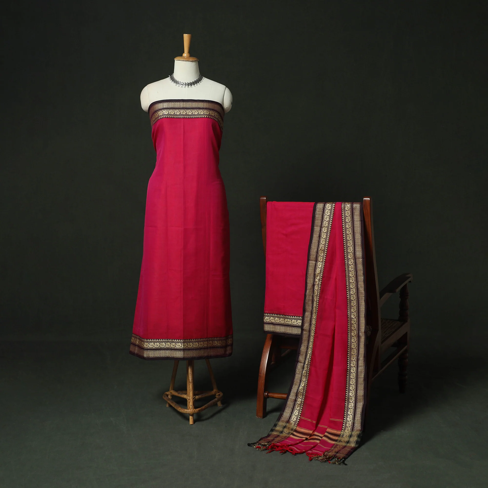 Pink - Dharwad Woven Mercerised Cotton 3pc Unstitched Dress Material Suit Set 58 - Image 2