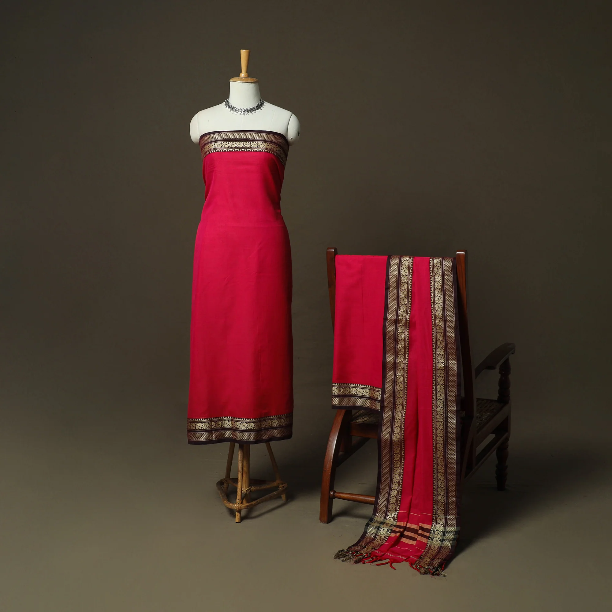 Red - Dharwad Woven Mercerised Cotton 3pc Unstitched Dress Material Suit Set 60 - Image 2