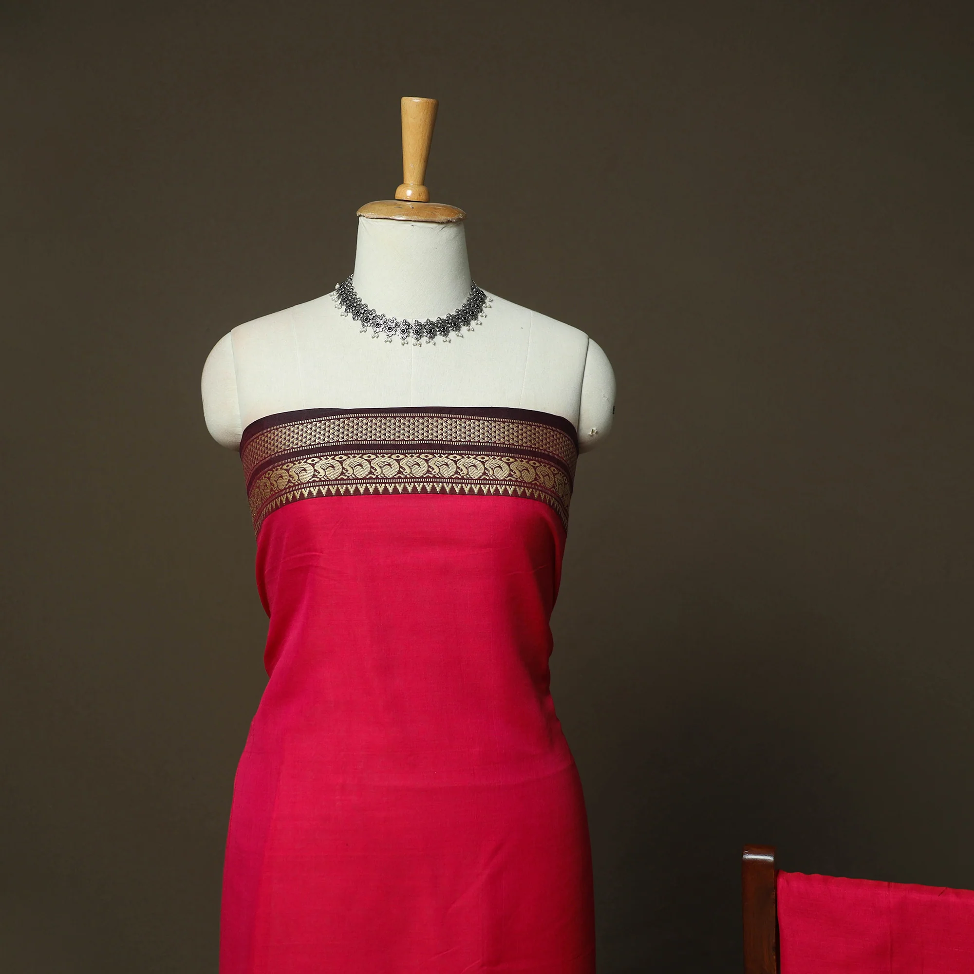 Red - Dharwad Woven Mercerised Cotton 3pc Unstitched Dress Material Suit Set 60 - Image 3