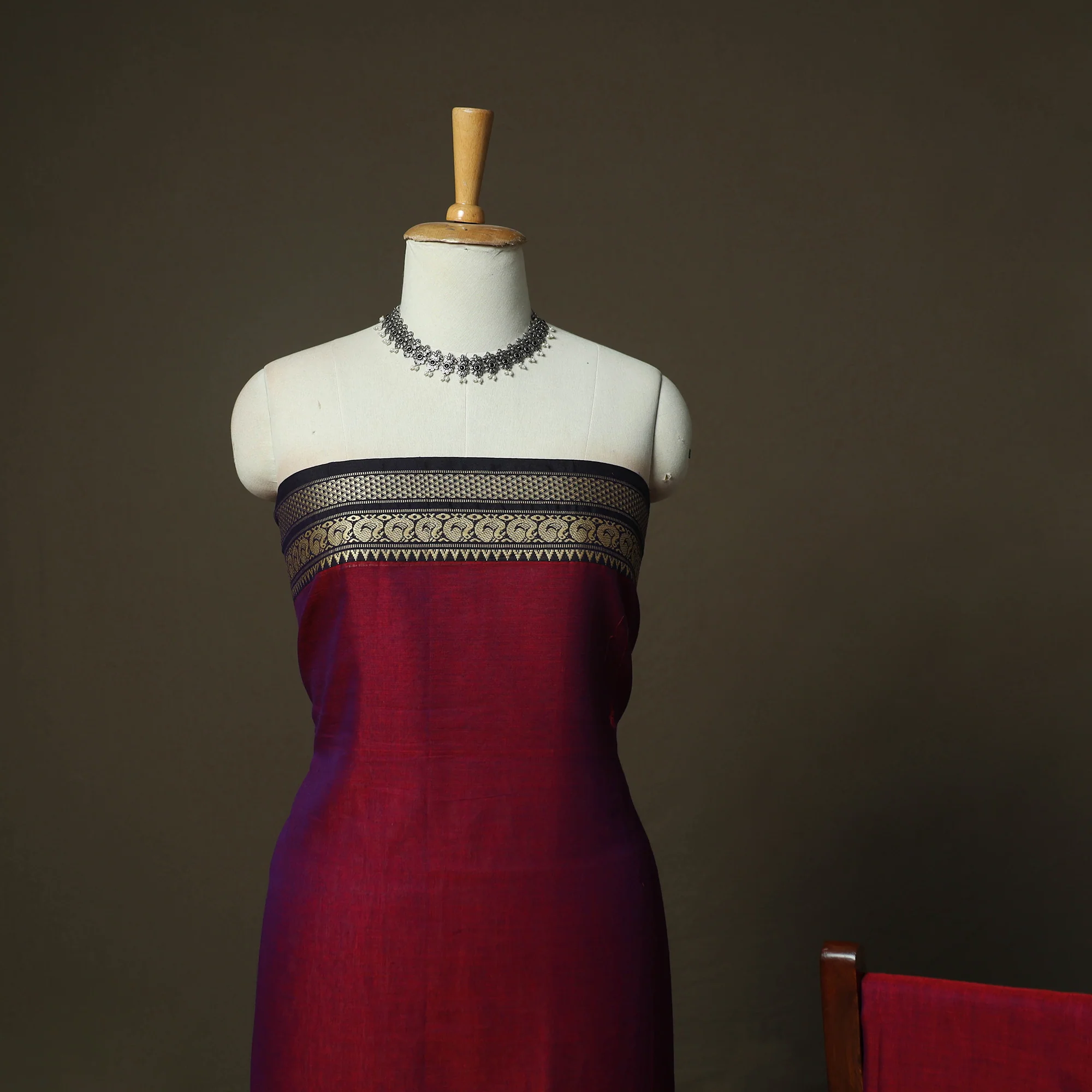 Red - Dharwad Woven Mercerised Cotton 3pc Unstitched Dress Material Suit Set 61 - Image 3