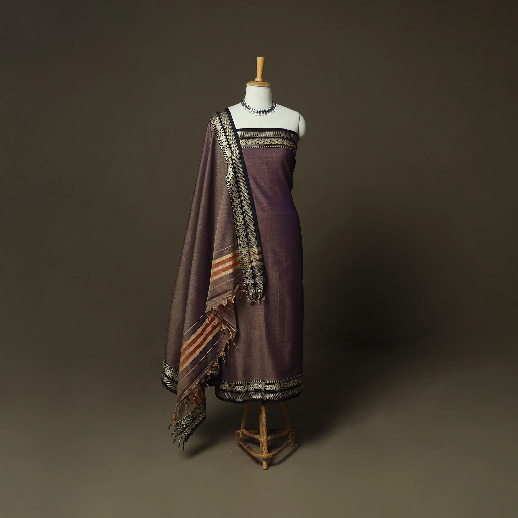 Brown - Dharwad Woven Mercerised Cotton 3pc Unstitched Dress Material Suit Set 62
