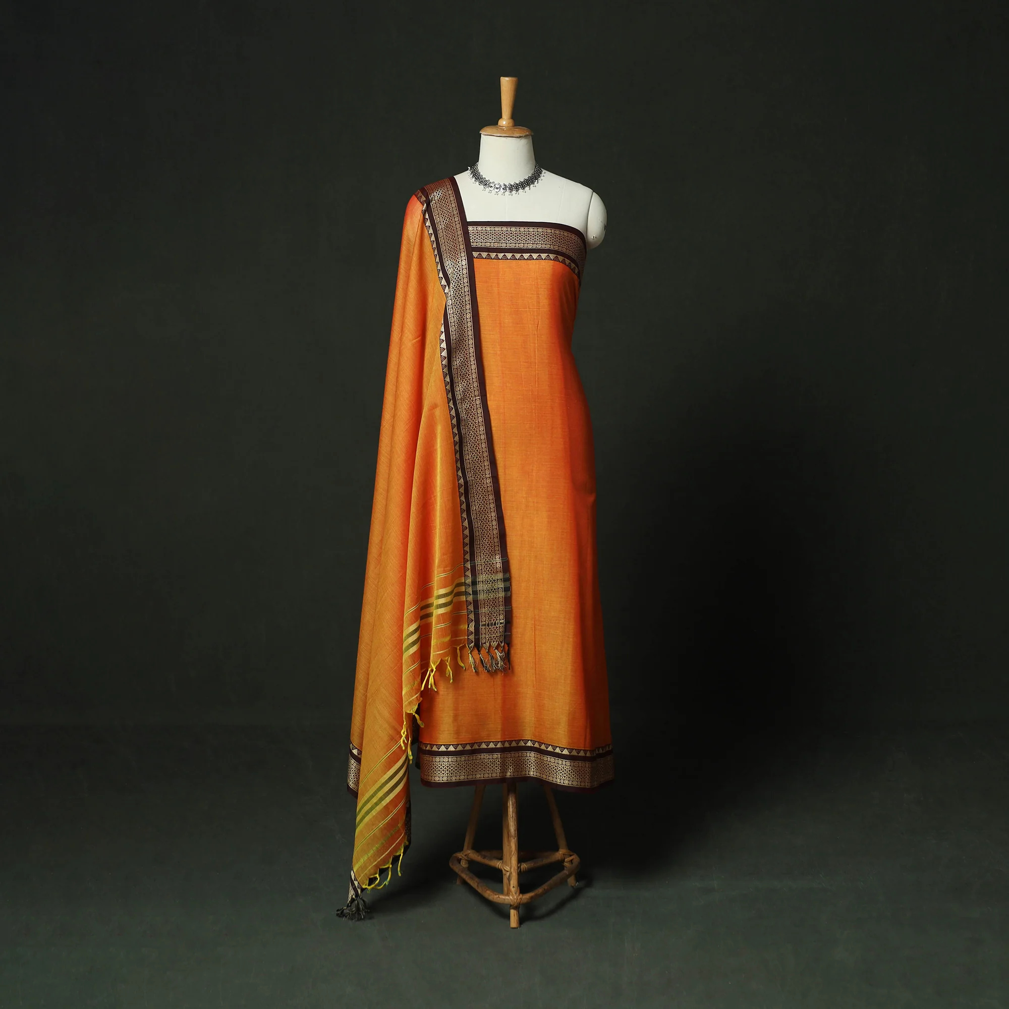 Orange - Dharwad Woven Mercerised Cotton 3pc Unstitched Dress Material Suit Set 63