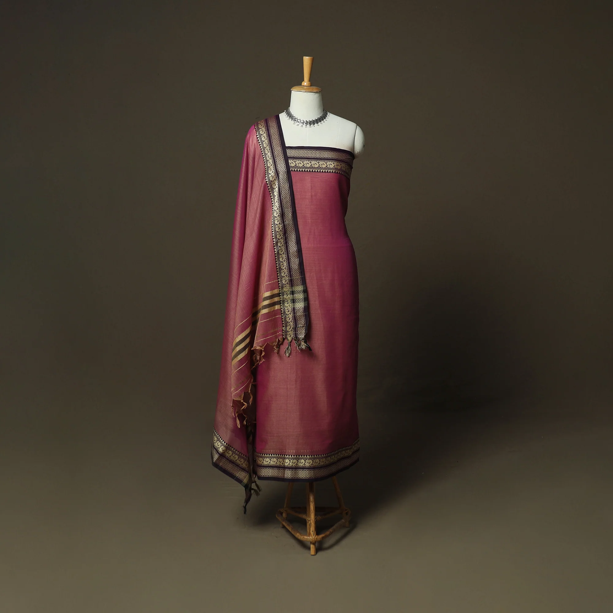 Pink - Dharwad Woven Mercerised Cotton 3pc Unstitched Dress Material Suit Set 63