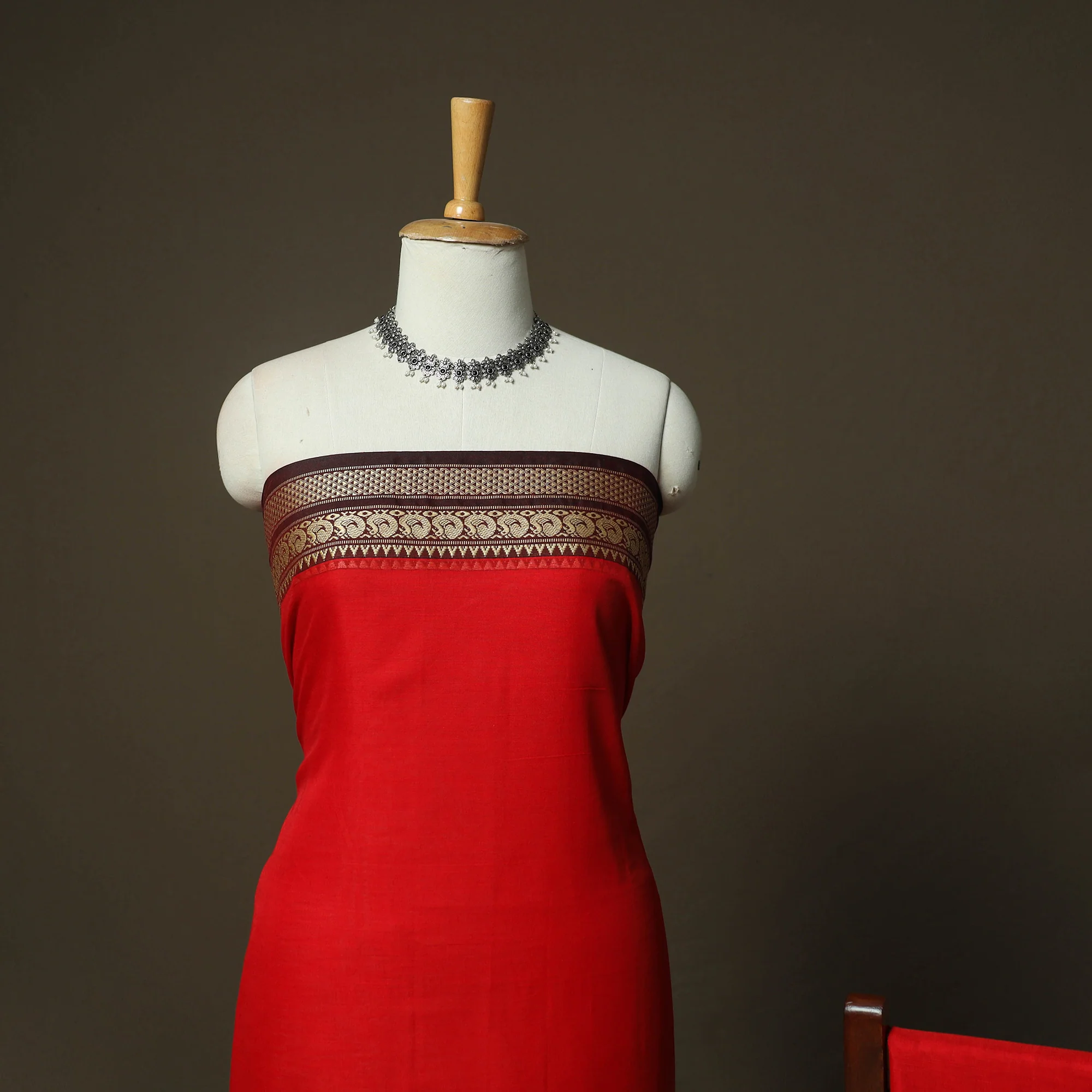 Red - Dharwad Woven Mercerised Cotton 3pc Unstitched Dress Material Suit Set 66 - Image 3