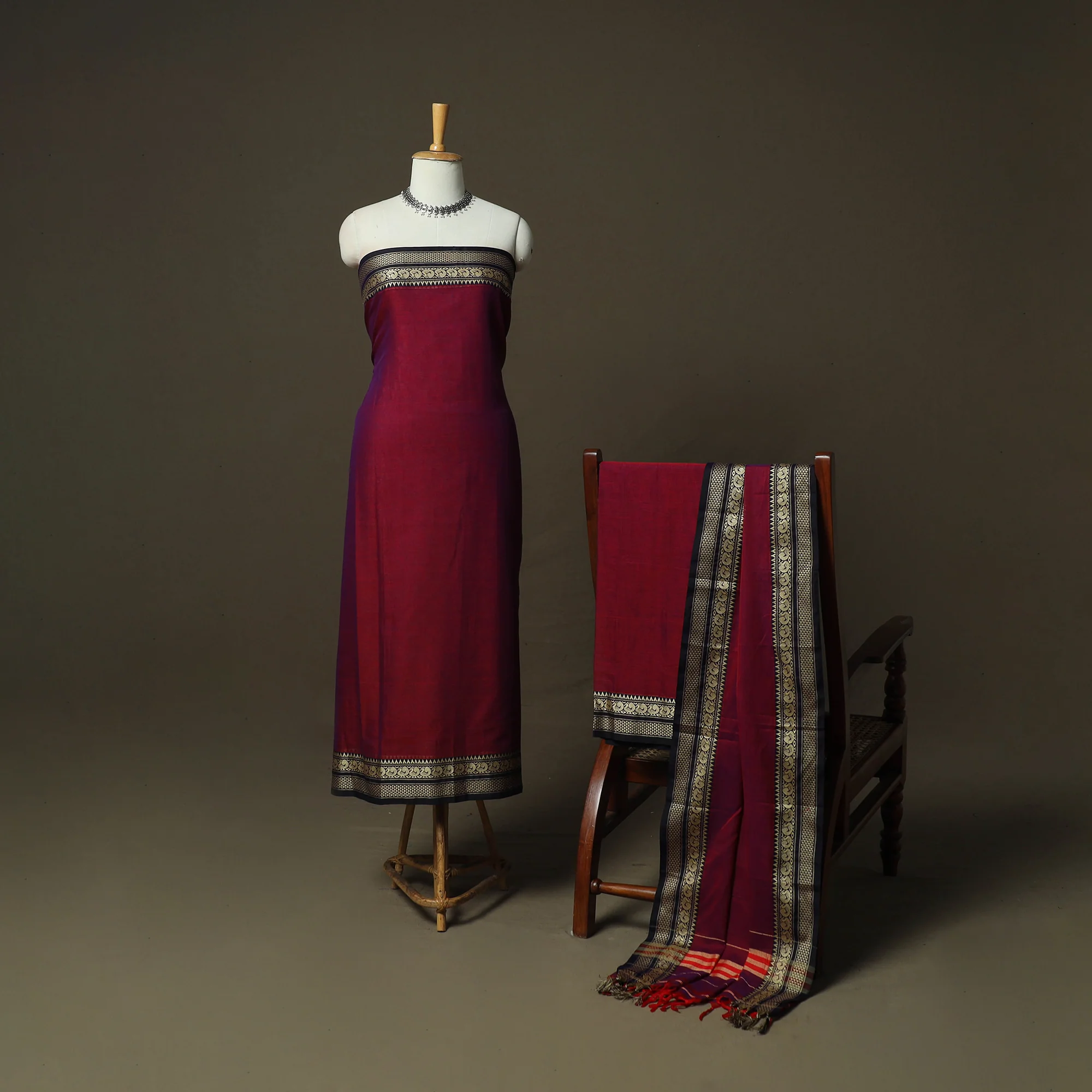 Maroon - Dharwad Woven Mercerised Cotton 3pc Unstitched Dress Material Suit Set 71 - Image 2