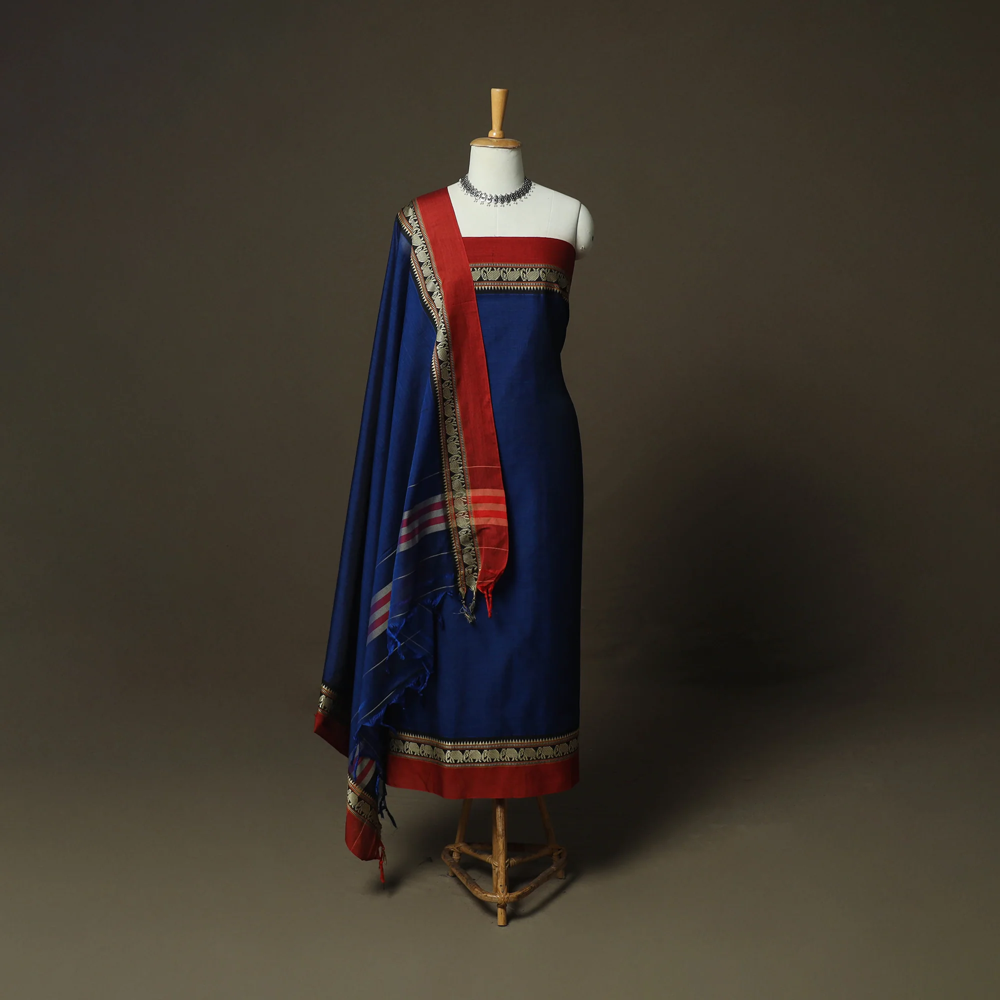 Blue - Dharwad Woven Mercerised Cotton 3pc Unstitched Dress Material Suit Set 73