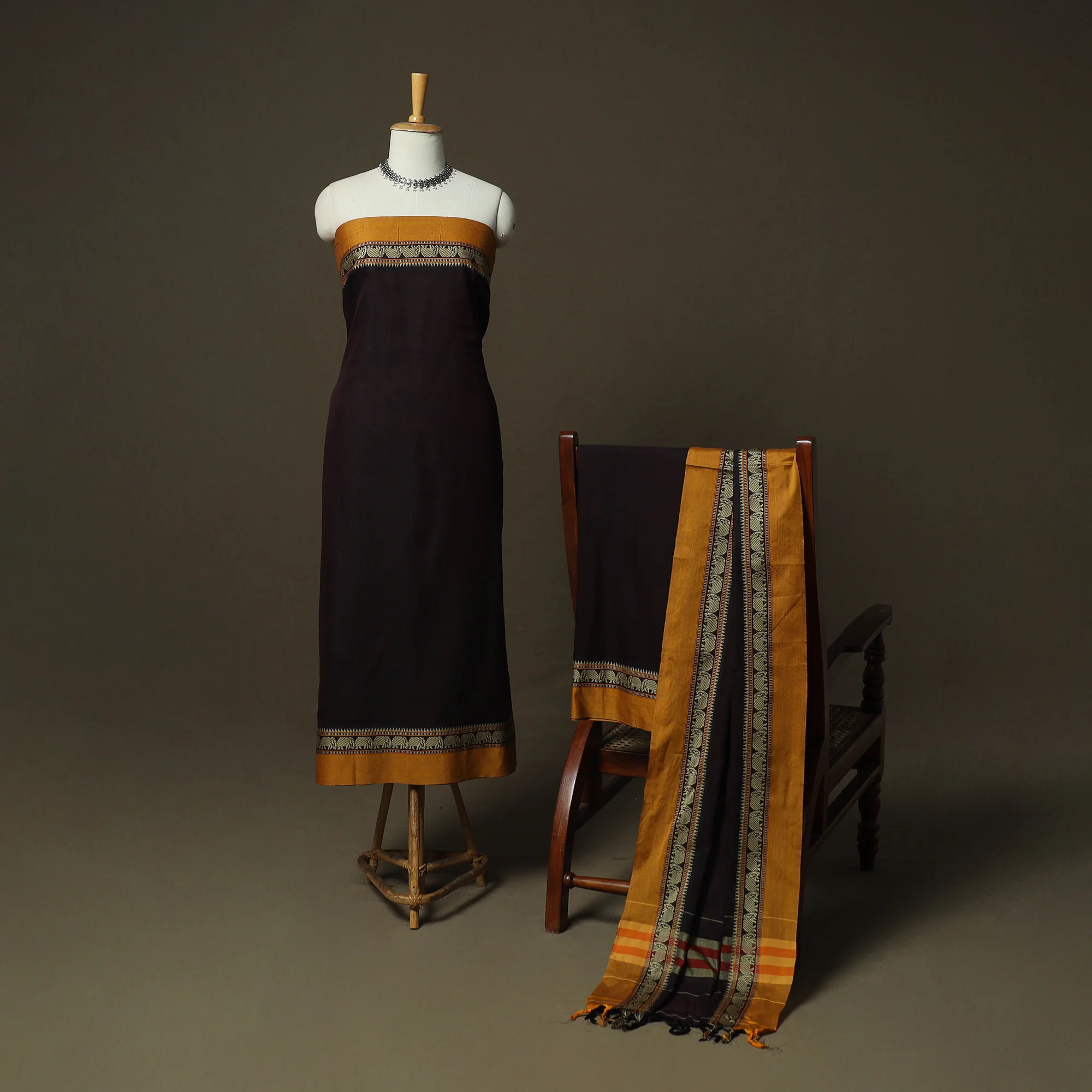 Brown - Dharwad Woven Mercerised Cotton 3pc Unstitched Dress Material Suit Set 79 - Image 2