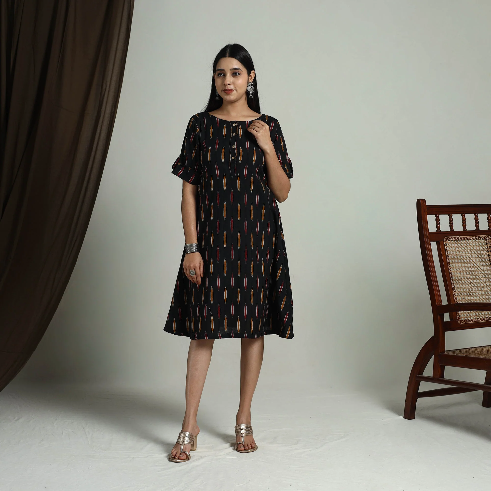 Black - Flared Cotton Short Pochampally Ikat Dress 08 - Image 3