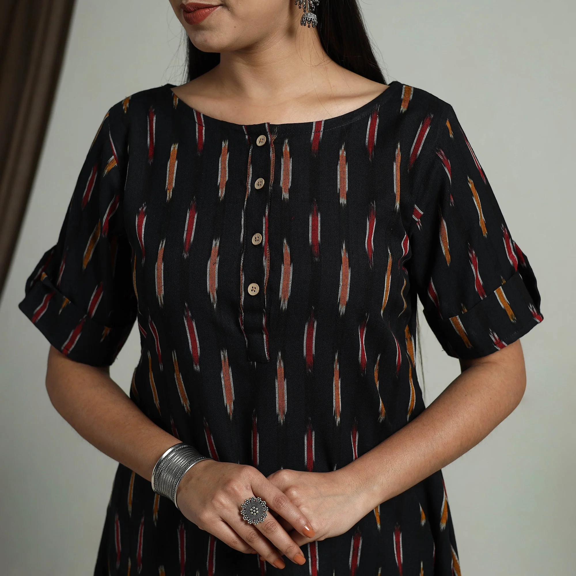 Black - Flared Cotton Short Pochampally Ikat Dress 08 - Image 4