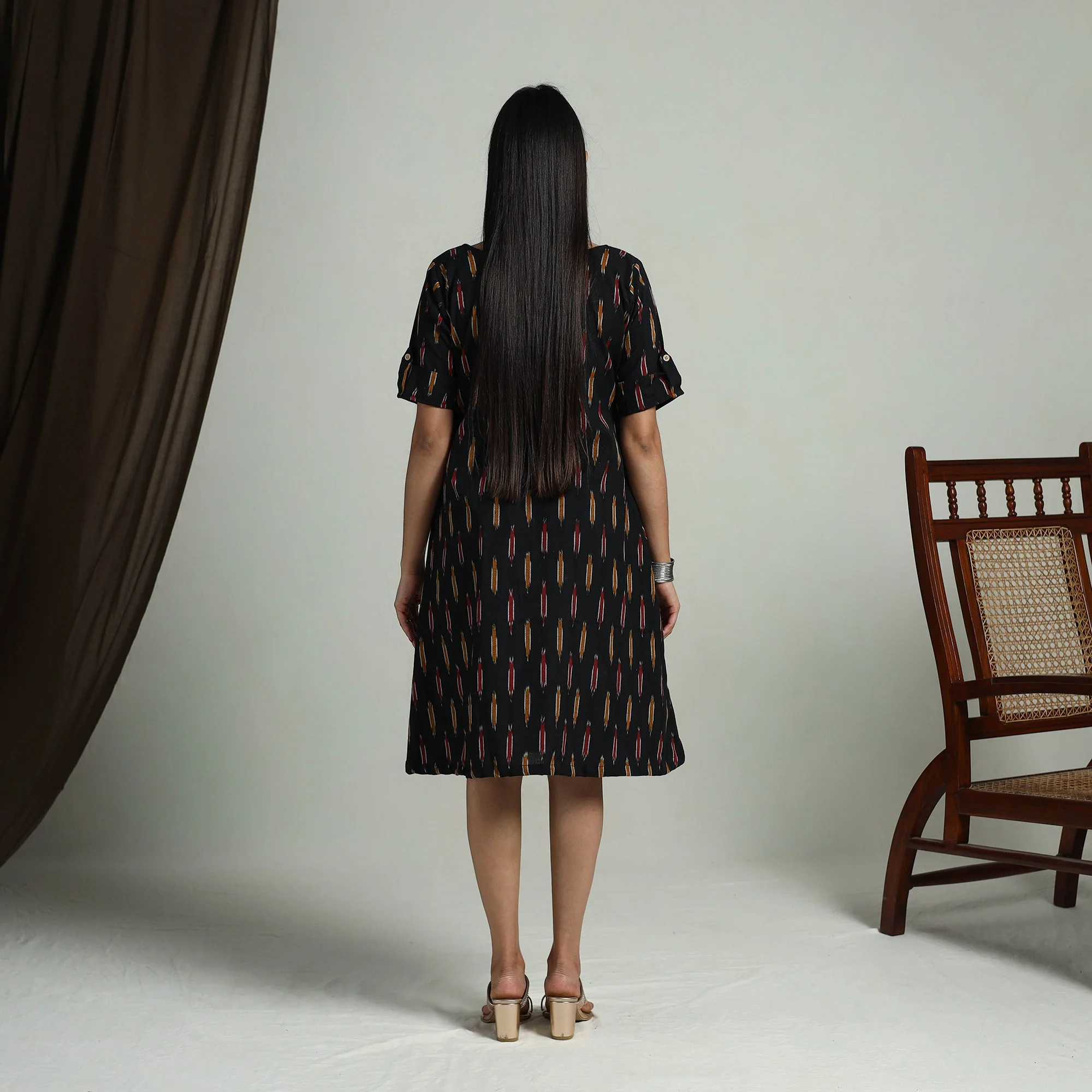 Black - Flared Cotton Short Pochampally Ikat Dress 08 - Image 5