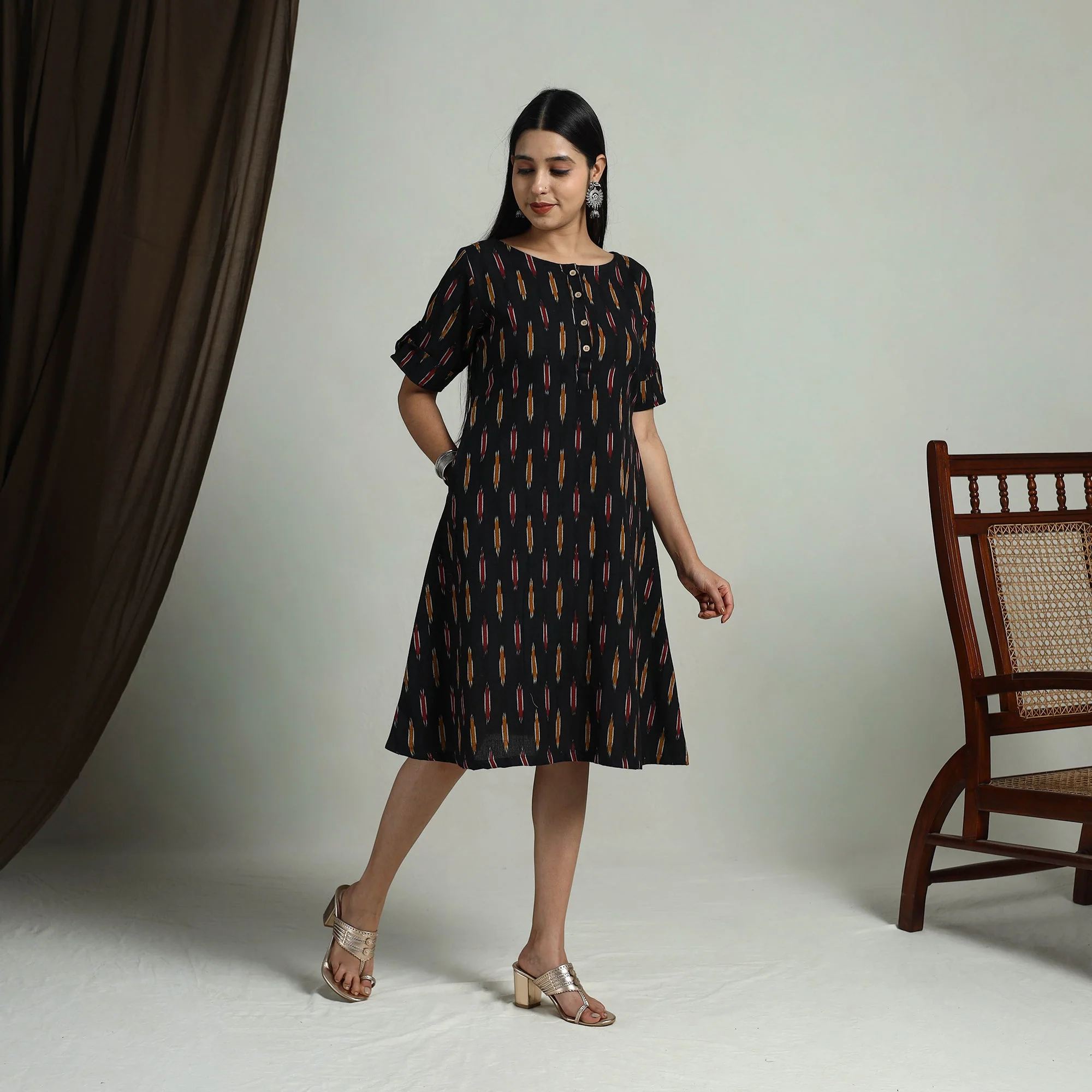 Black - Flared Cotton Short Pochampally Ikat Dress 08 - Image 6