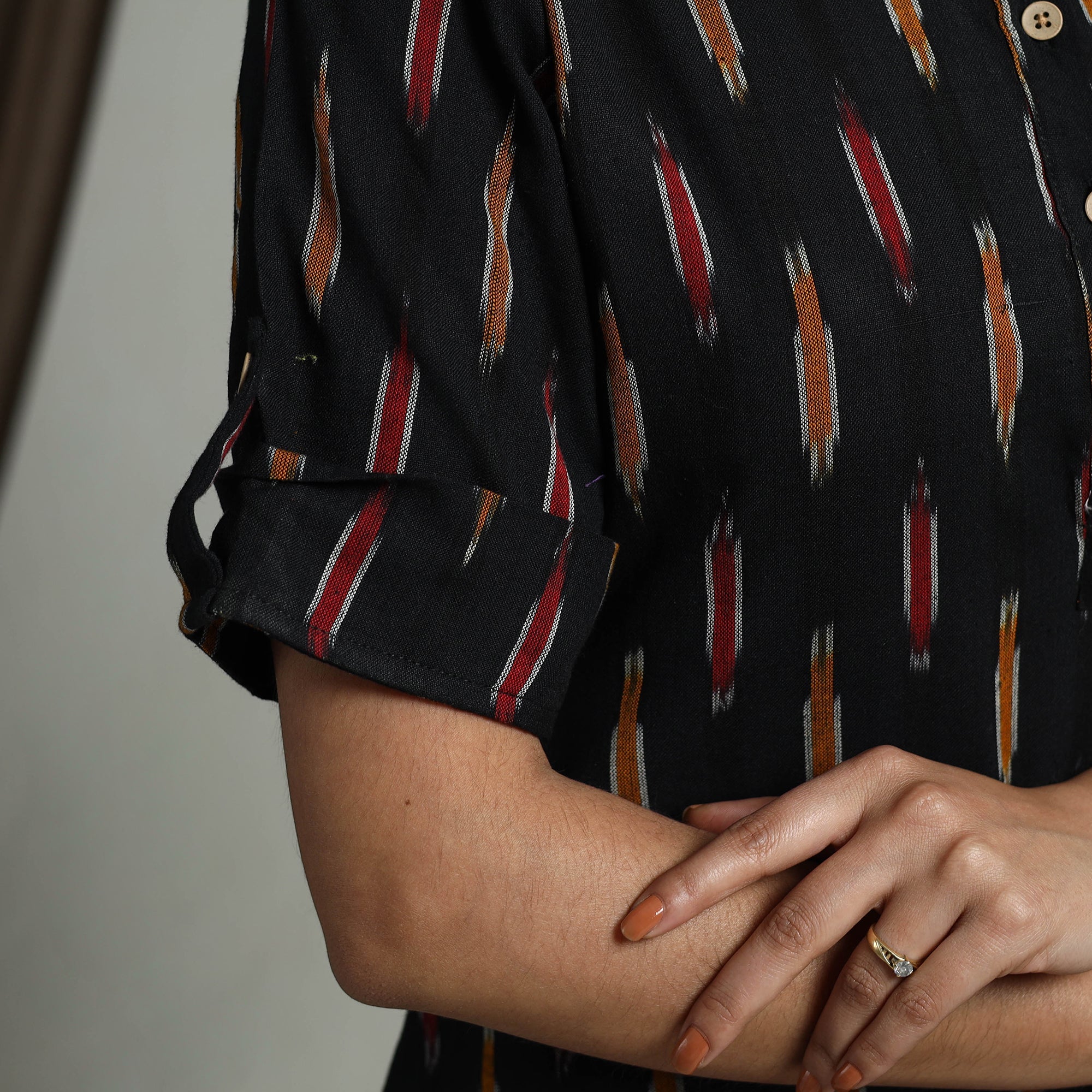 Black - Flared Cotton Short Pochampally Ikat Dress 08 - Image 7