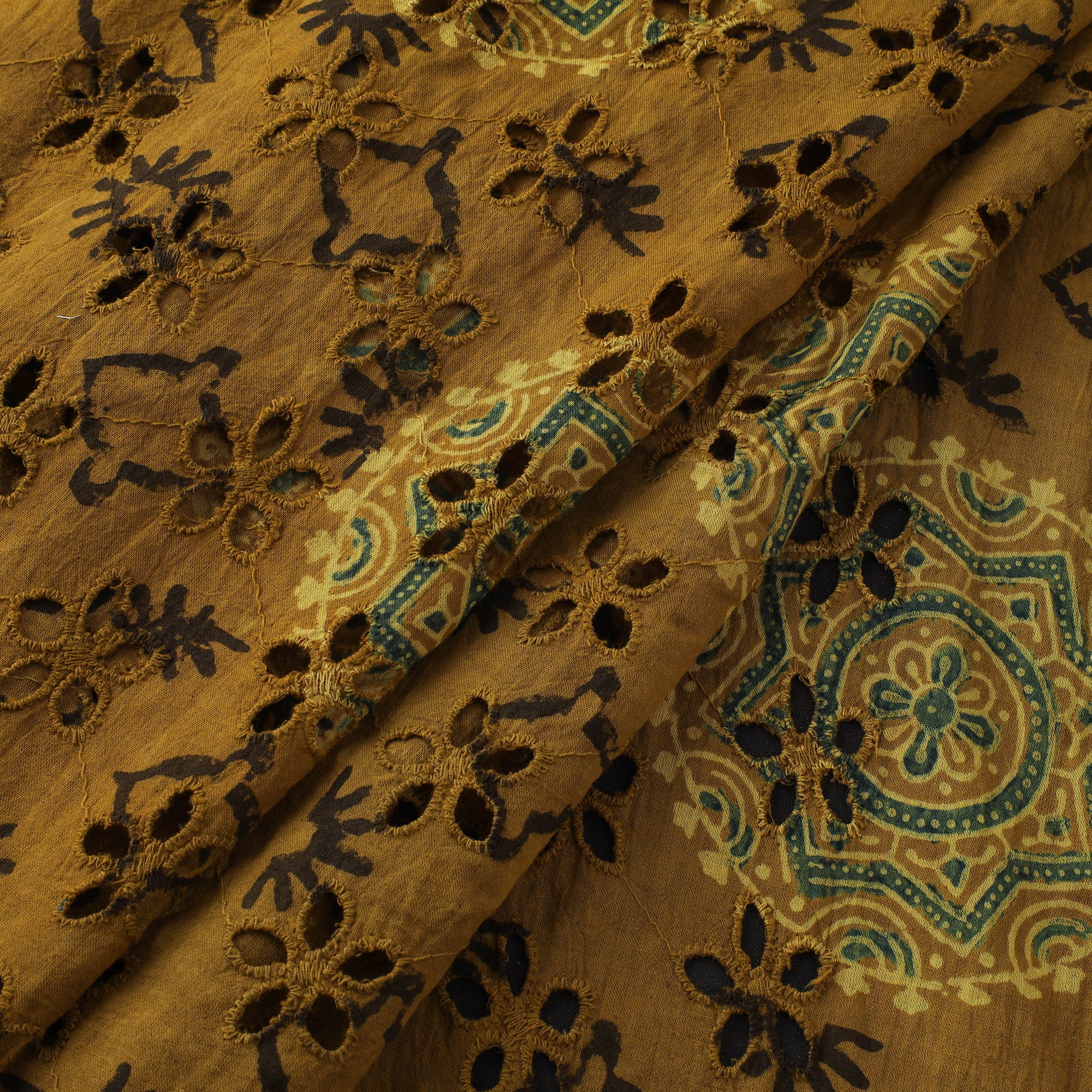 Yellow - Hakoba Hand Block Ajrakh Print Natural Dyed Cotton Fabric 106