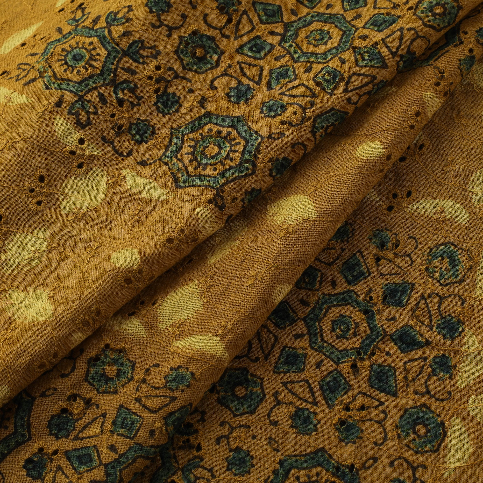 Yellow - Hakoba Hand Block Ajrakh Print Natural Dyed Cotton Fabric 108