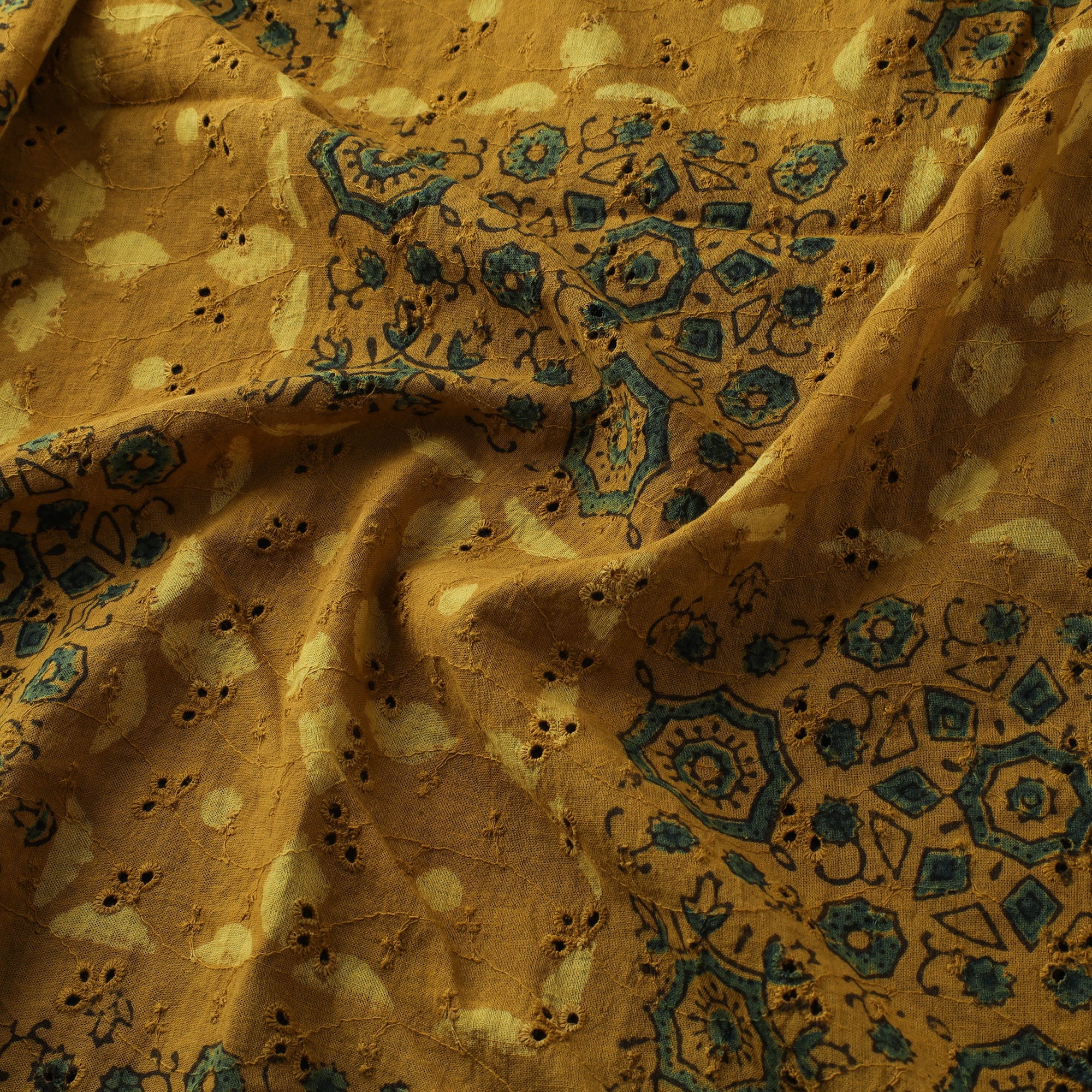 Yellow - Hakoba Hand Block Ajrakh Print Natural Dyed Cotton Fabric 108 - Image 3