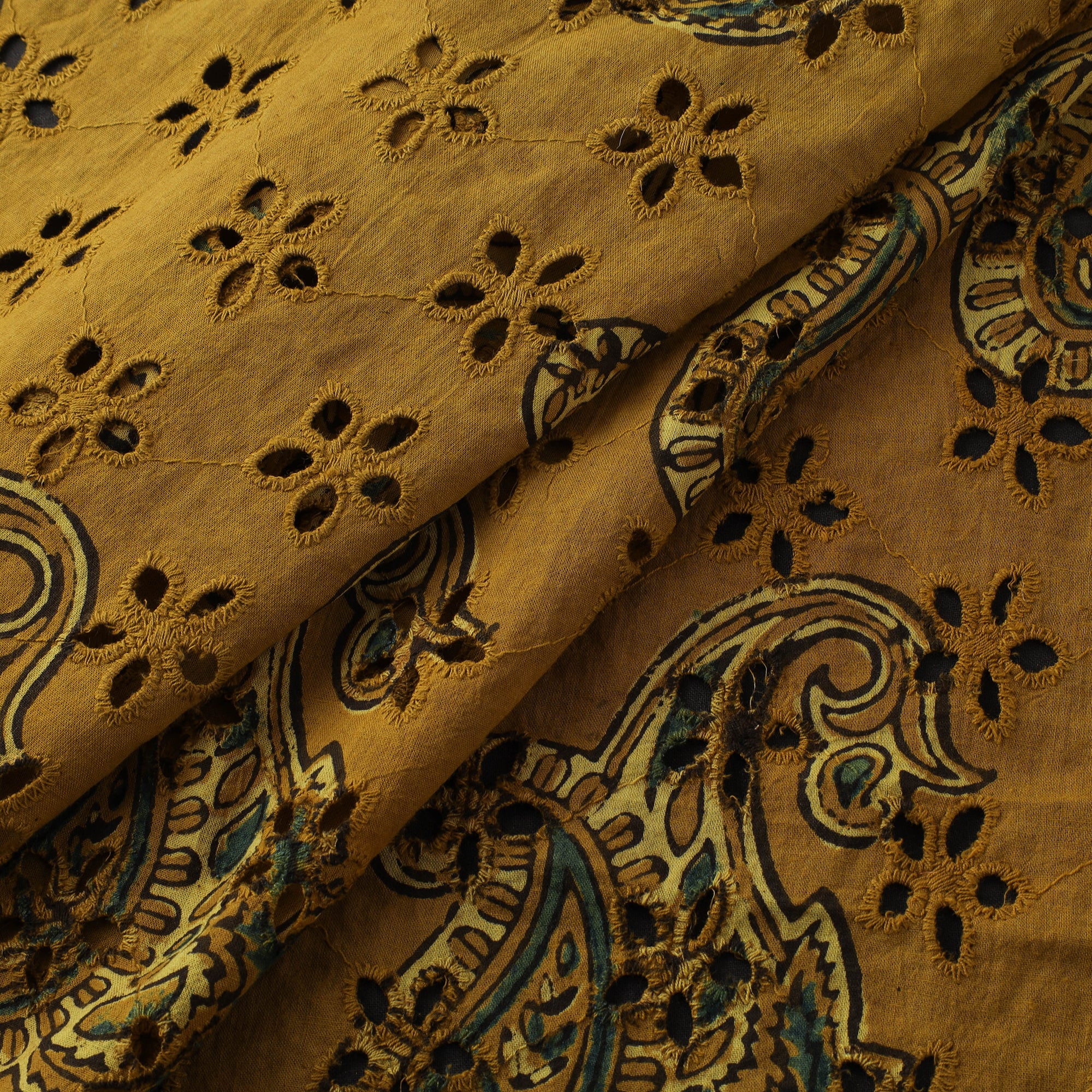 Yellow - Hakoba Hand Block Ajrakh Print Natural Dyed Cotton Fabric 114