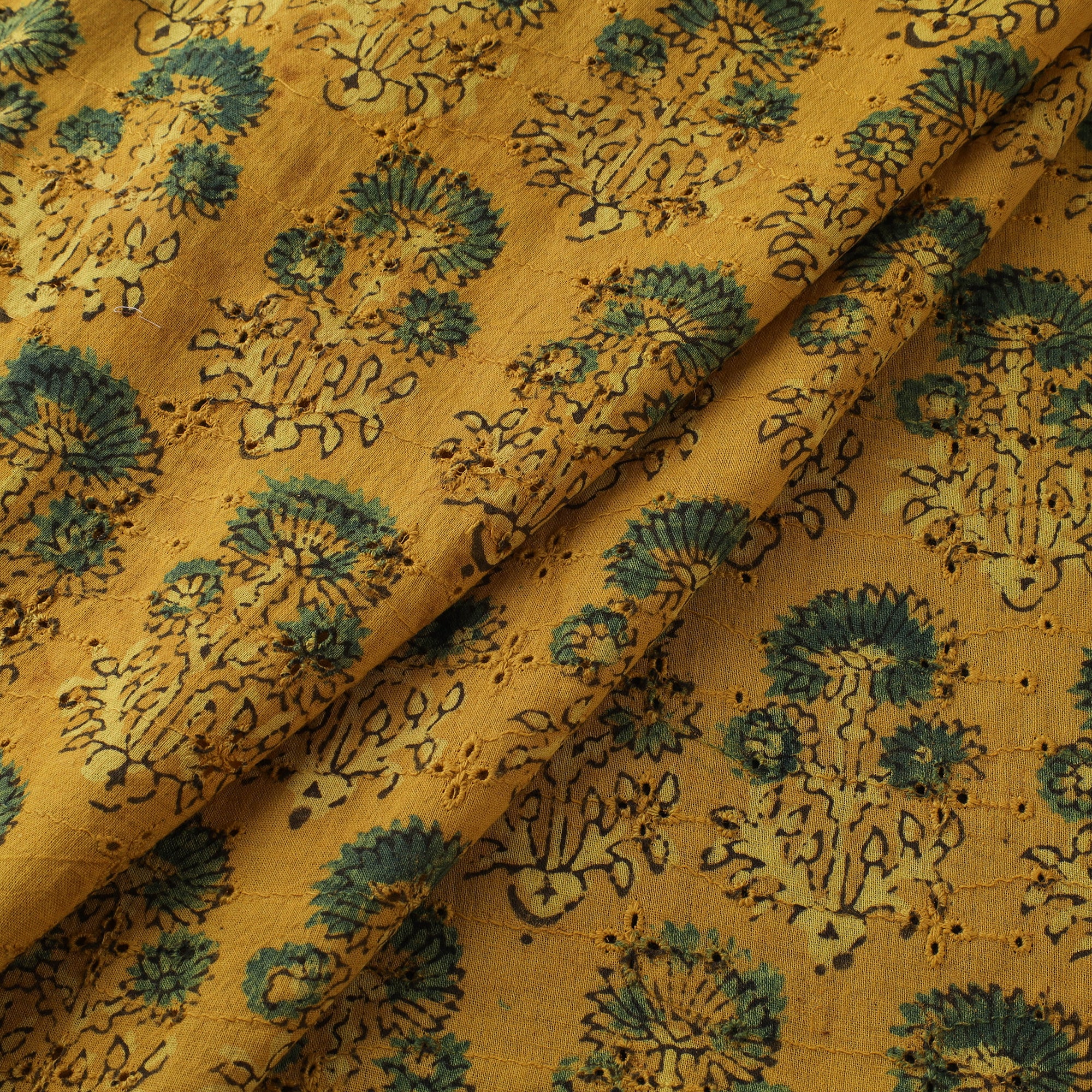 Yellow - Hakoba Hand Block Ajrakh Print Natural Dyed Cotton Fabric 115