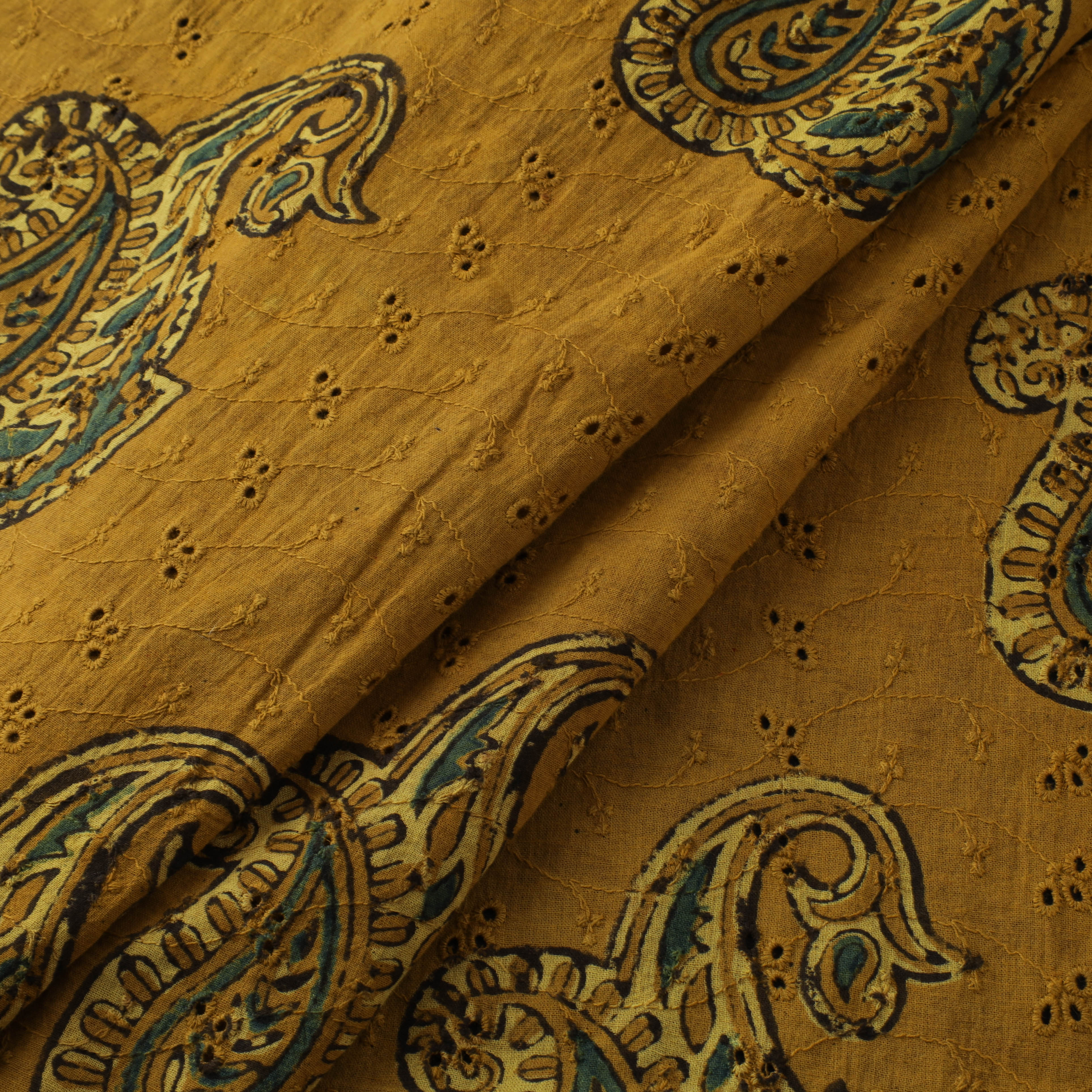 Yellow - Hakoba Hand Block Ajrakh Print Natural Dyed Cotton Fabric 116