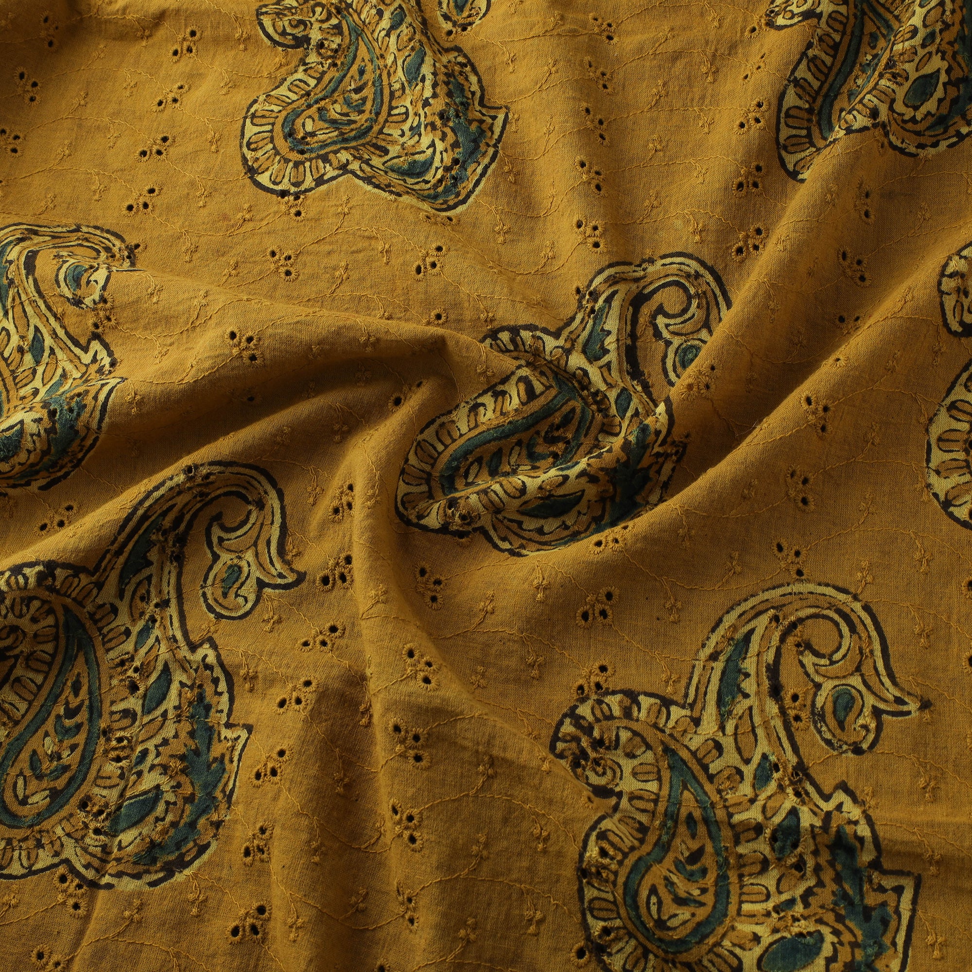 Yellow - Hakoba Hand Block Ajrakh Print Natural Dyed Cotton Fabric 116 - Image 3