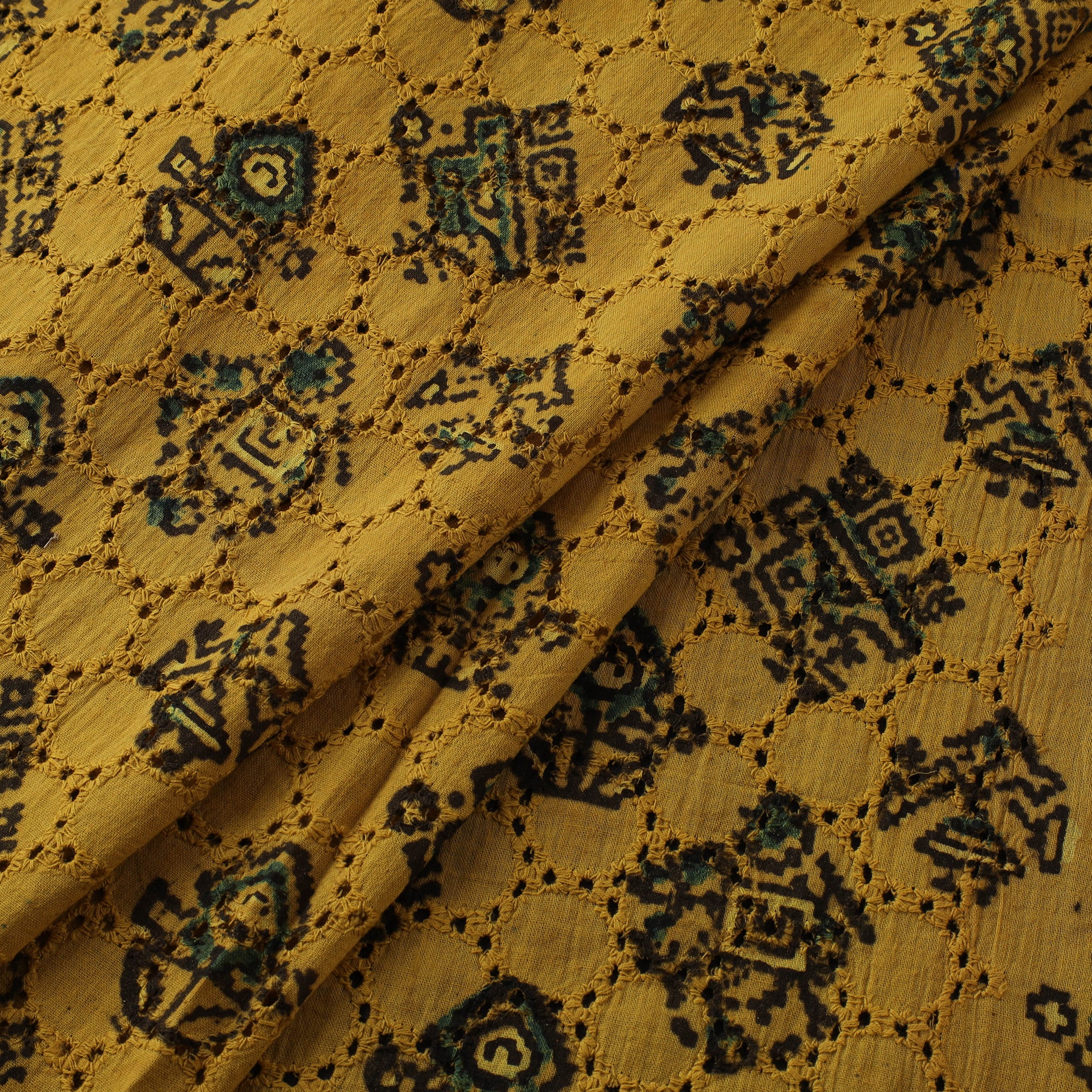 Yellow - Hakoba Hand Block Ajrakh Print Natural Dyed Cotton Fabric 120