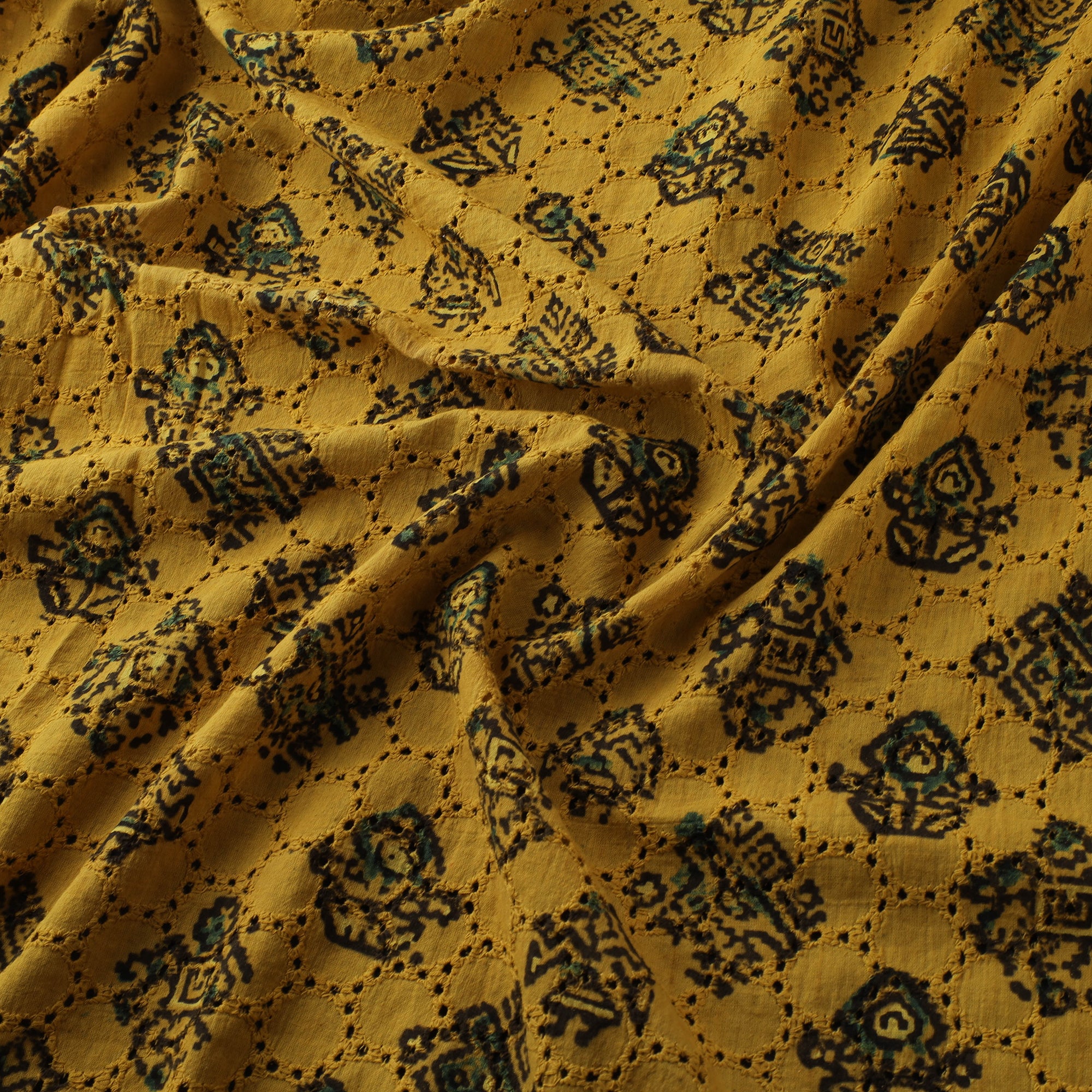 Yellow - Hakoba Hand Block Ajrakh Print Natural Dyed Cotton Fabric 120 - Image 3